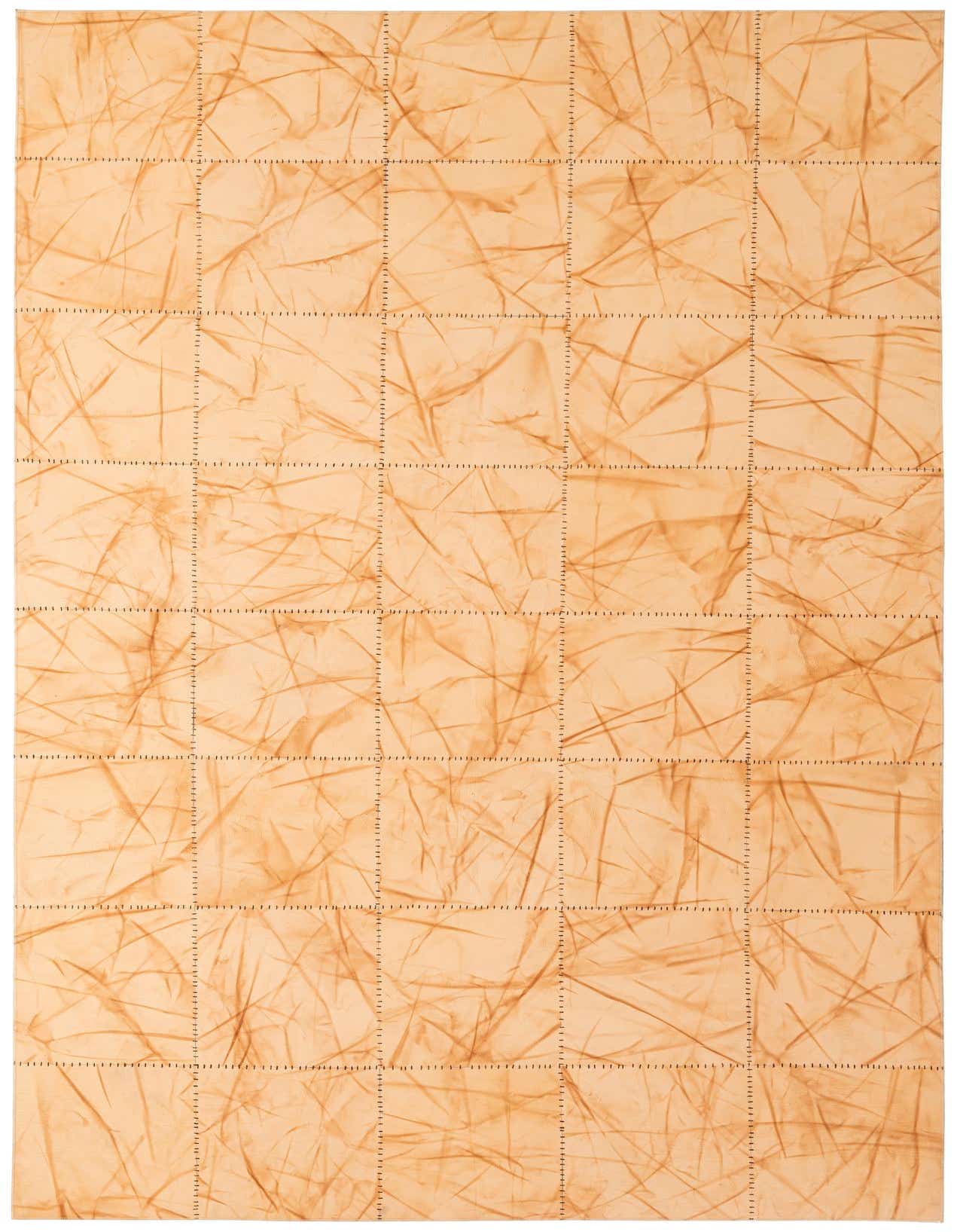 A 5x8 rectangular Cowhide Patchwork rug featuring a modern abstract design in varying shades of brown and tan.