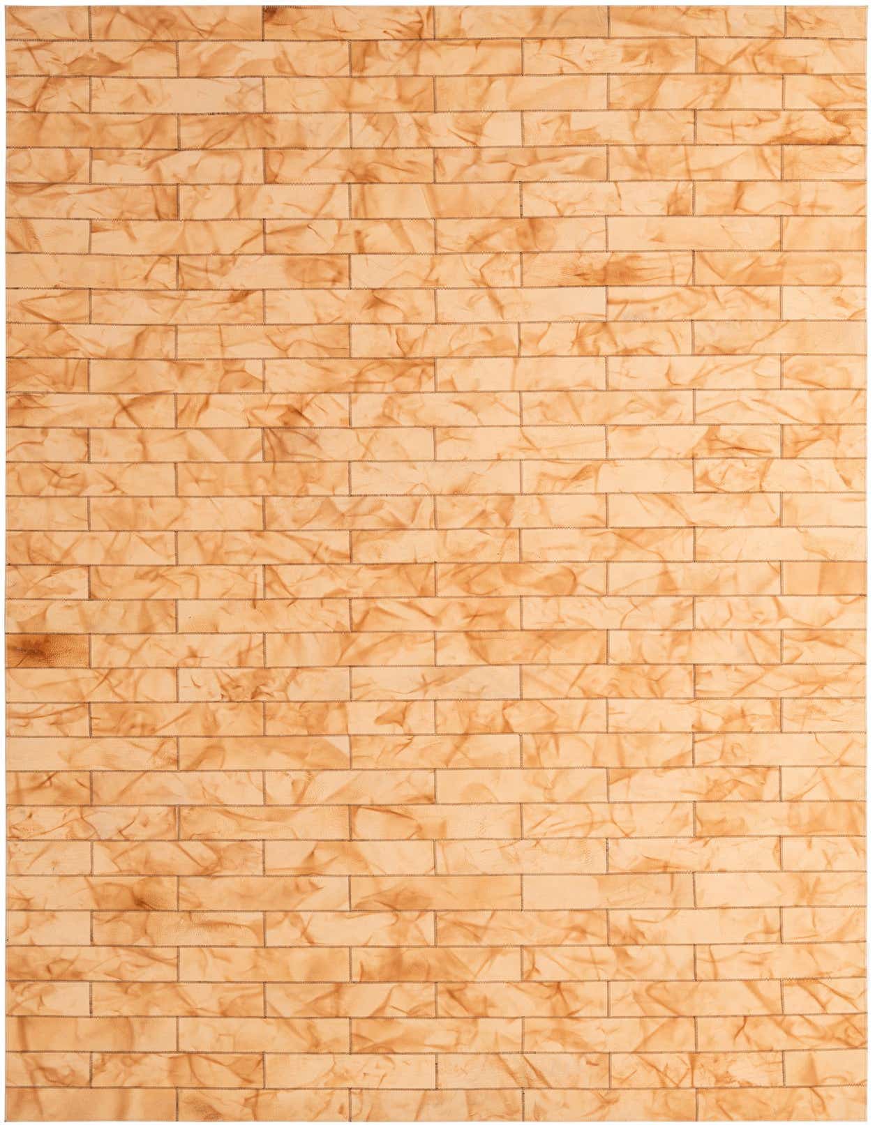 A rectangular 5x8 Cowhide Patchwork rug from Rugs.com featuring a modern brick-like pattern in varying shades of brown and tan.
