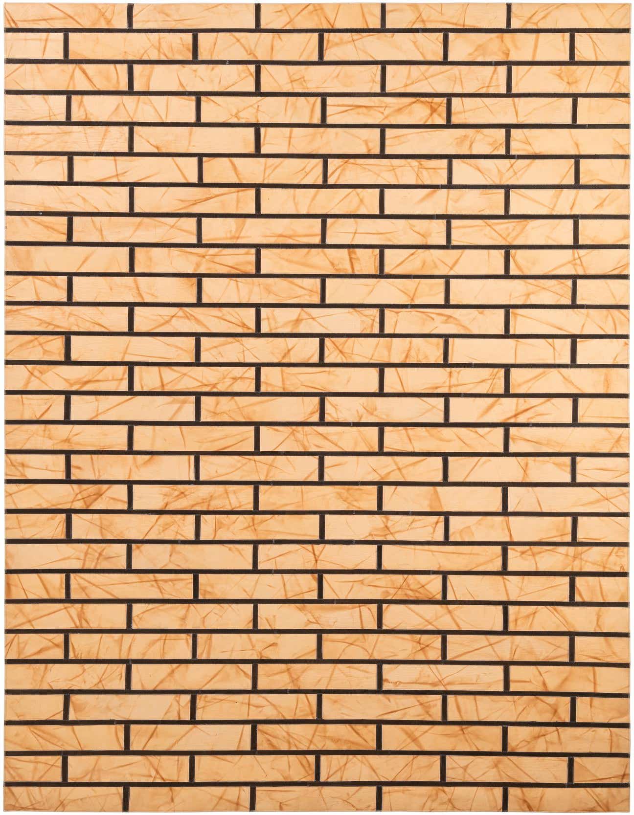 A 5x8 rectangular Cowhide - Patchwork rug featuring a modern brick-like pattern in varying shades of brown and tan, with ivory/cream undertones.