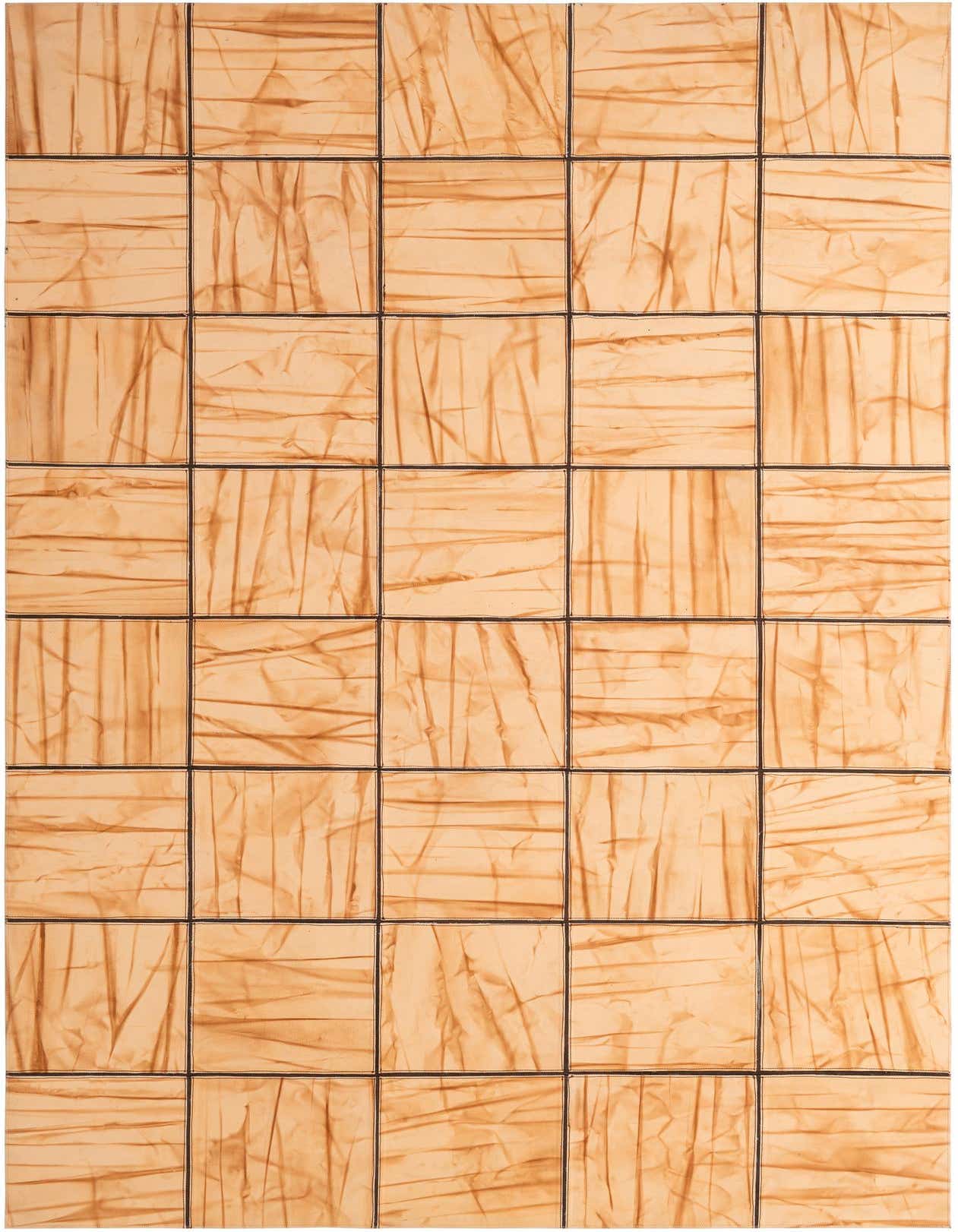A 5x8 rectangular Cowhide Patchwork rug featuring varying shades of brown and tan squares, creating a modern abstract pattern.