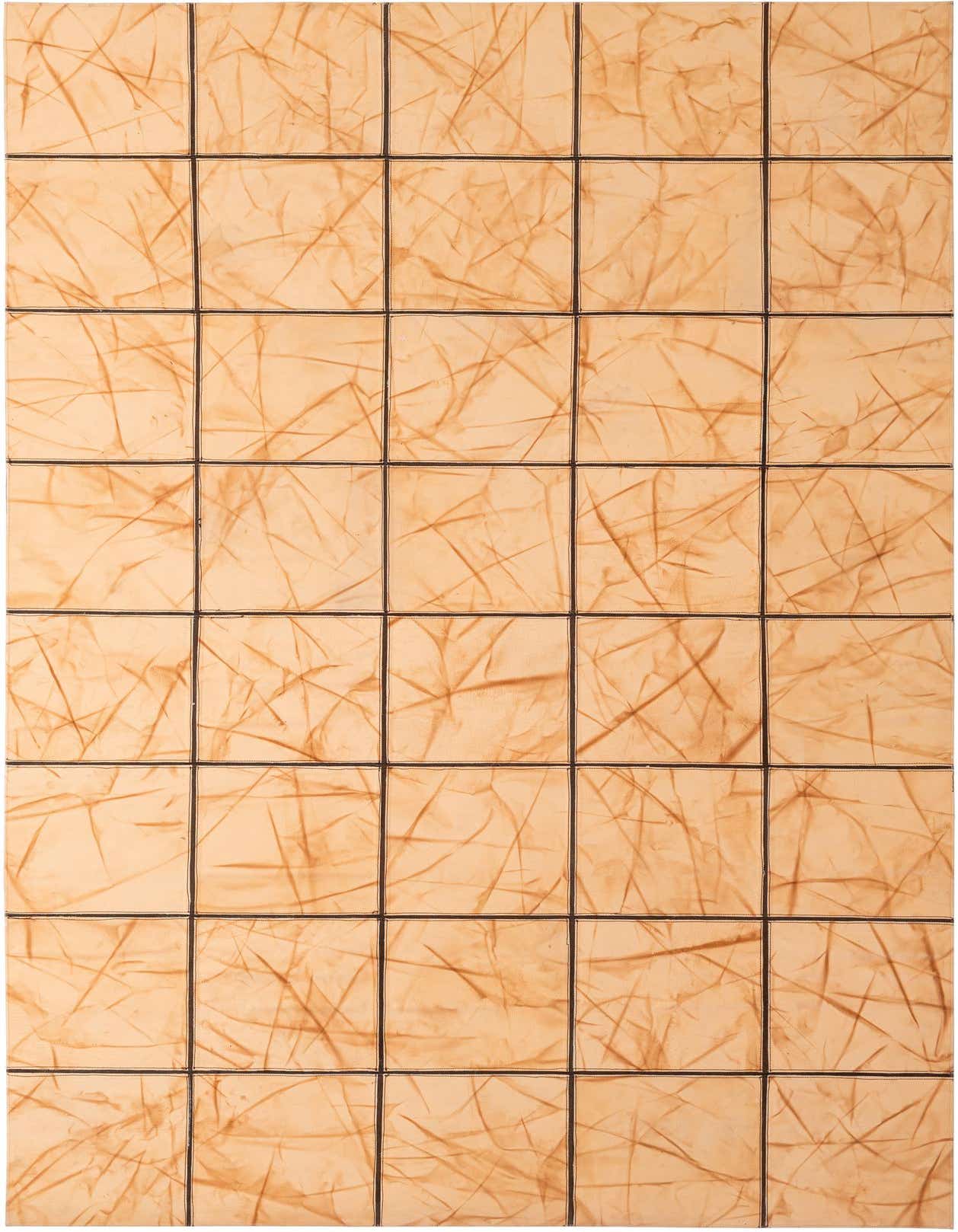 A rectangular 5x8 brown and tan cowhide rug featuring a modern patchwork design with abstract, organic lines.