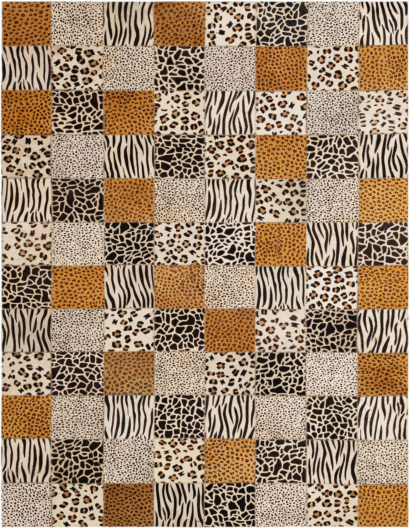 A rectangular 4x6 cowhide patchwork rug featuring squares of zebra, cheetah, giraffe, and leopard prints in brown, tan, and ivory.