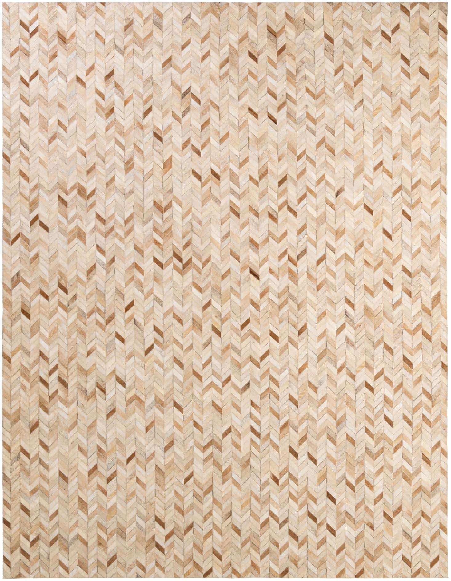 A rectangular 8x10 Cowhide - Patchwork rug featuring a modern chevron pattern in varied shades of brown, tan, and ivory.