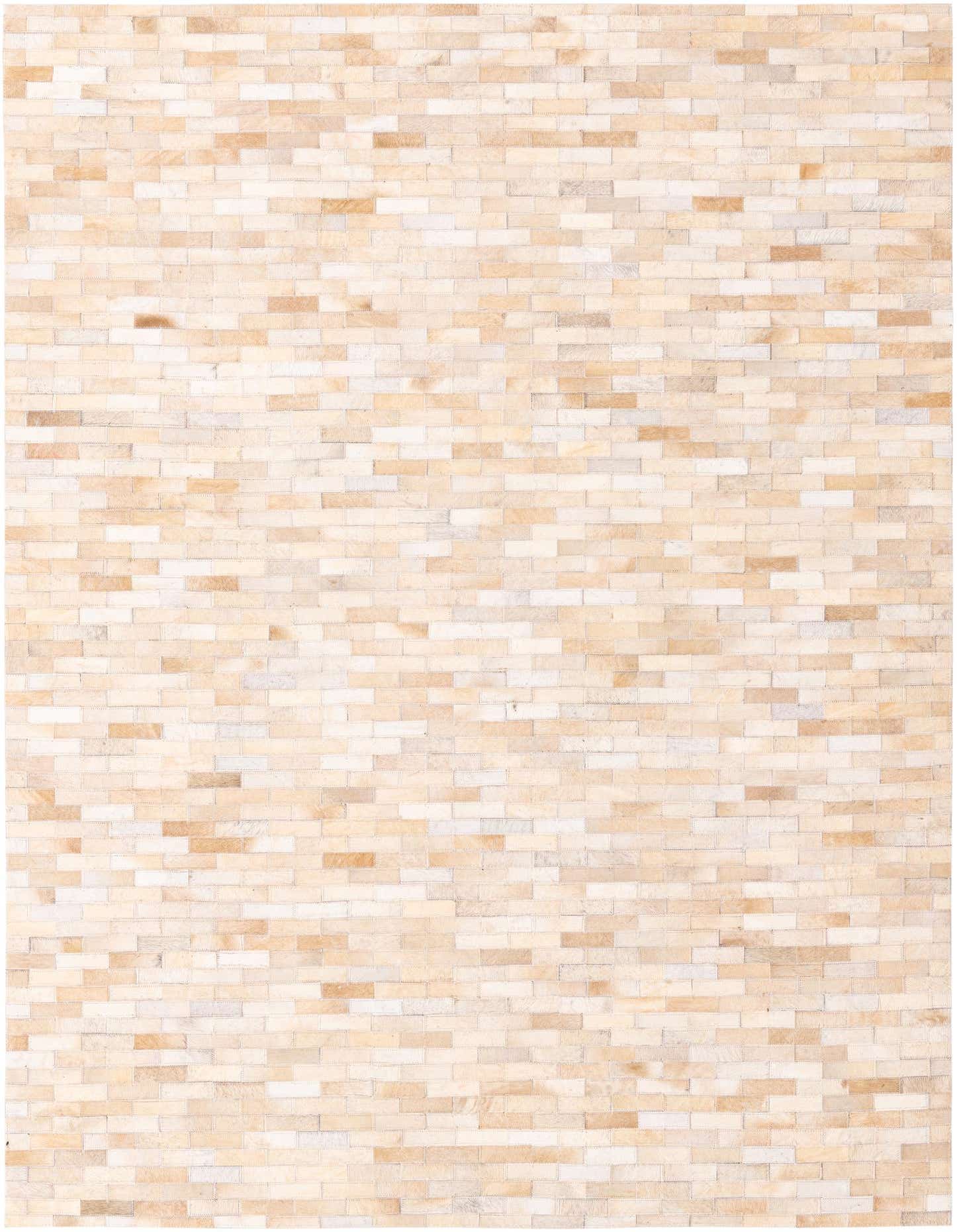 A 5x8 rectangular Cowhide Leather rug featuring a modern patchwork pattern in varying shades of brown, tan, and cream.