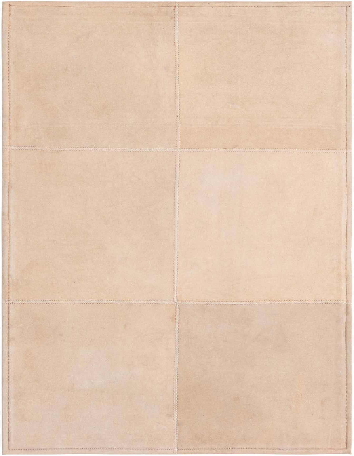 A 2x3 rectangular Rugs.com Cowhide Leather rug in a modern patchwork design with varying shades of brown and tan.