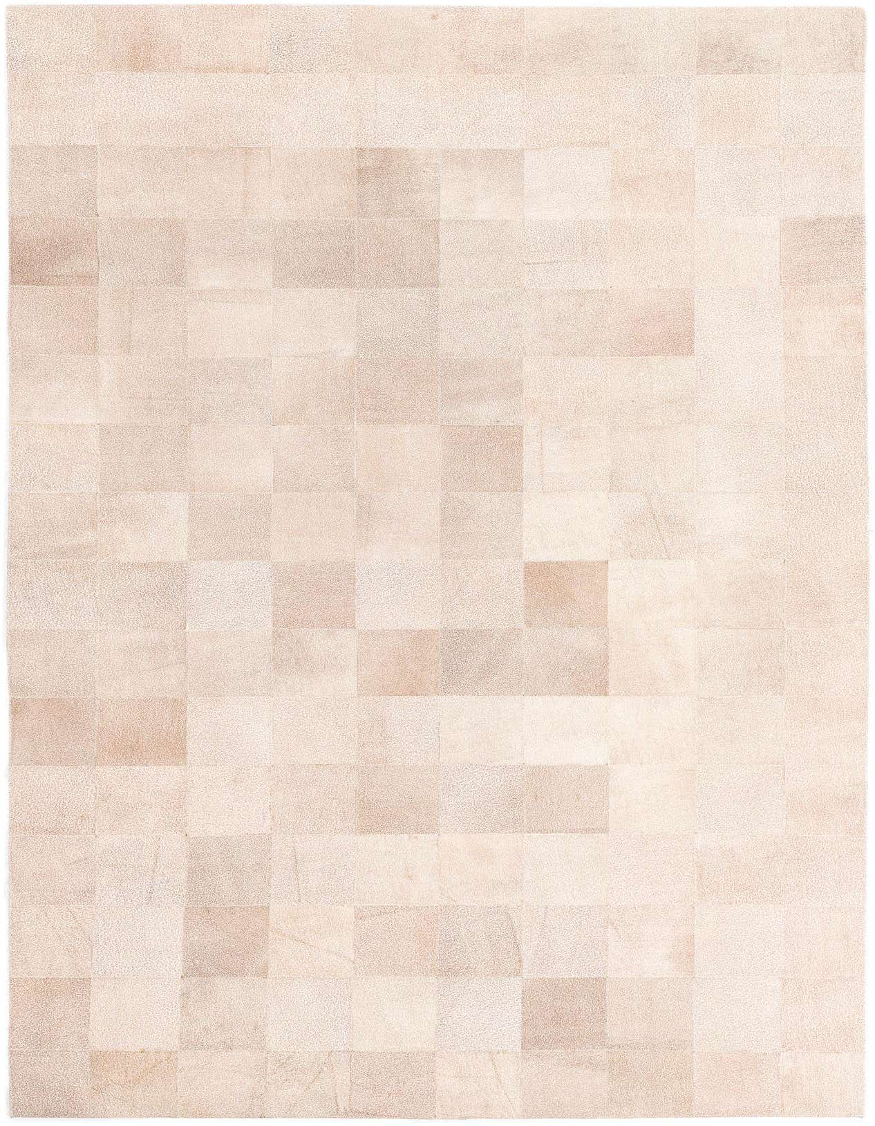 A 5x8 rectangular Cowhide Leather rug featuring a modern patchwork design in varying shades of brown, tan, and cream.