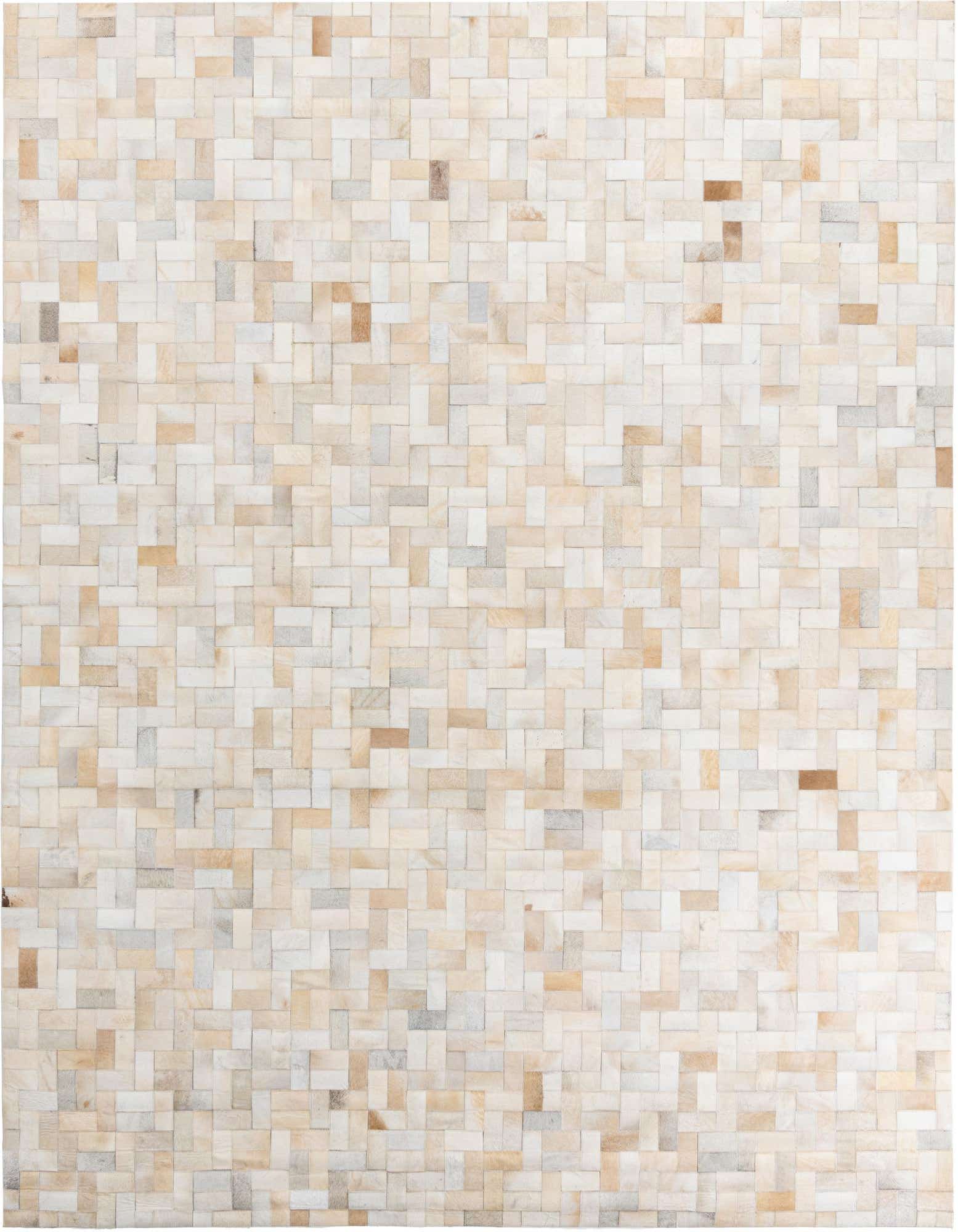 8x10 rectangular Cowhide Leather rug featuring a modern patchwork of natural brown, tan, and ivory squares.
