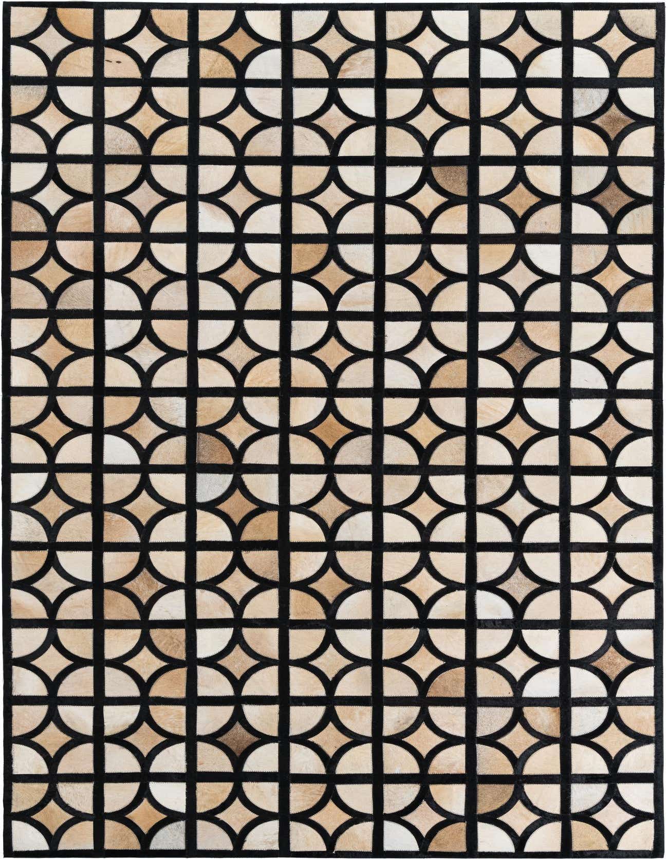 A 5x8 rectangular Cowhide Leather rug featuring a modern geometric pattern of tan and ivory semicircles on a black grid.