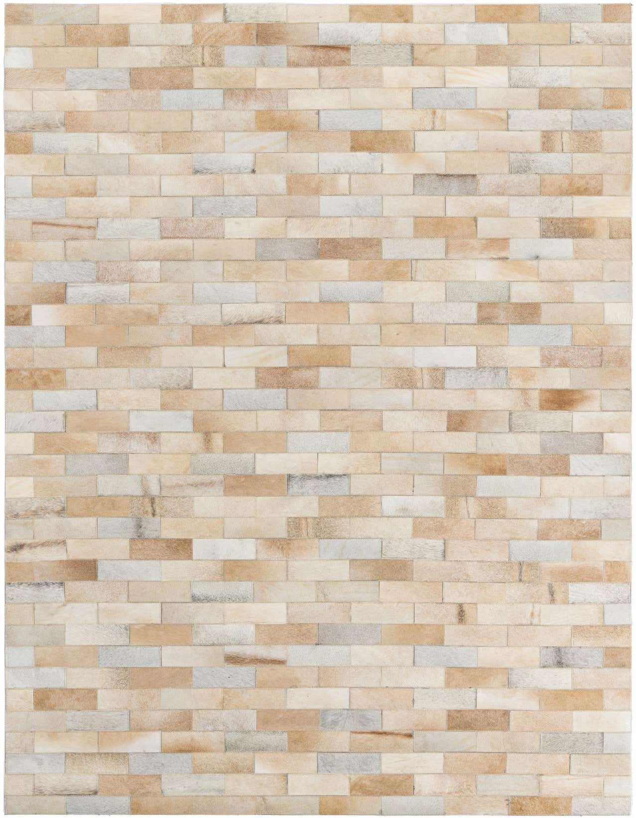 A 5x8 rectangular Cowhide Leather rug featuring a modern stripe pattern in varying shades of brown, tan, and ivory.