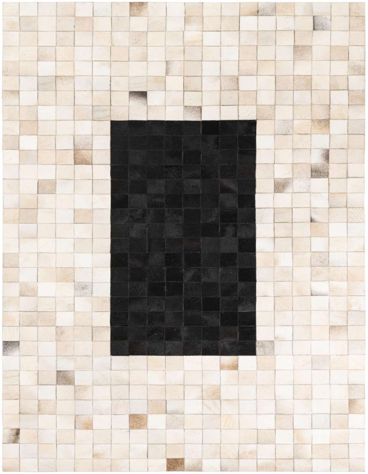 A 5x8 rectangular Cowhide Leather rug featuring a modern design with a central black rectangle surrounded by a border of brown and ivory square patches.