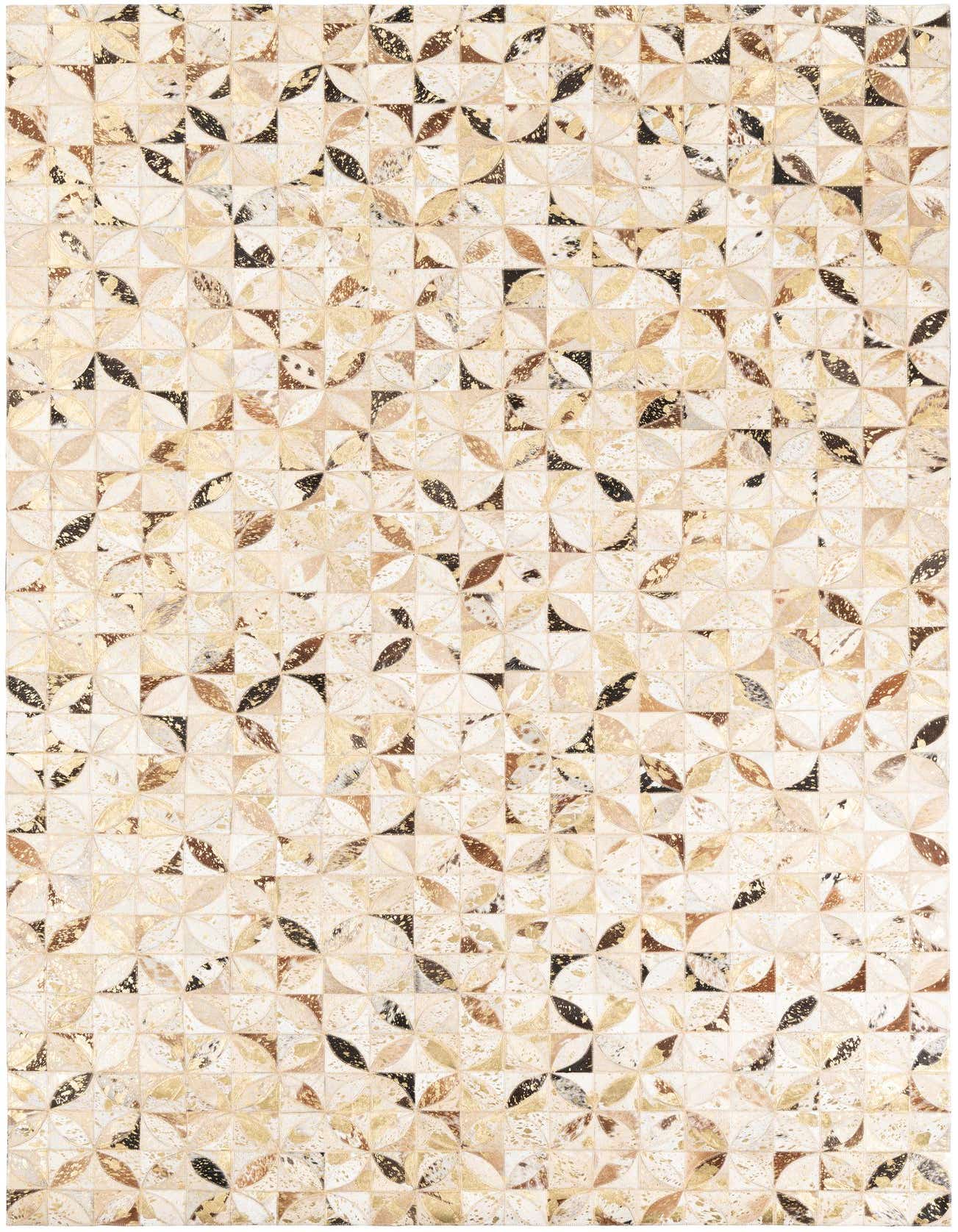 A 5x8 rectangular Cowhide & Leather rug featuring a modern geometric pattern in various shades of brown, tan, and cream.