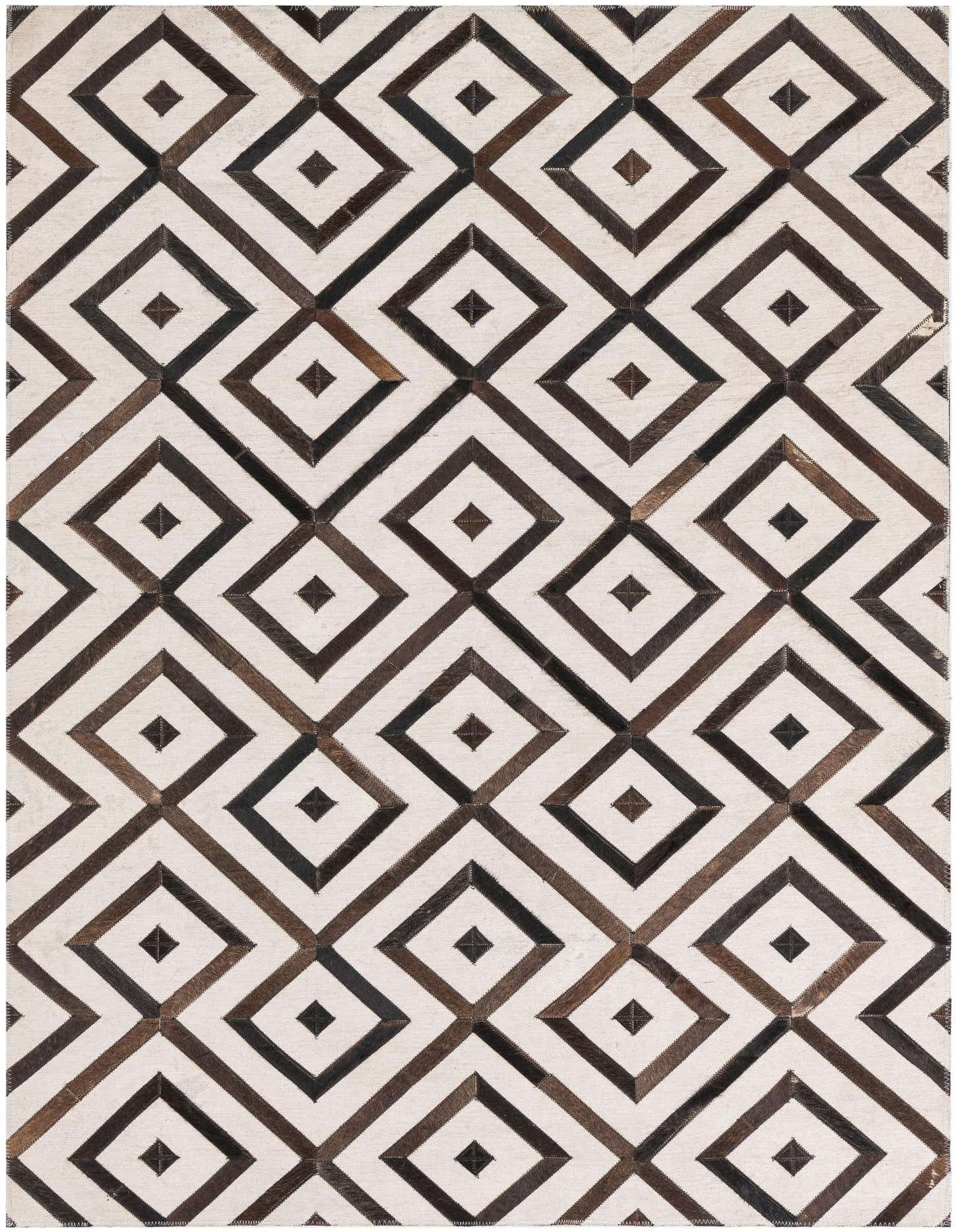 A 4x6 rectangular cowhide rug with a modern geometric pattern of interlocking brown and ivory diamonds.