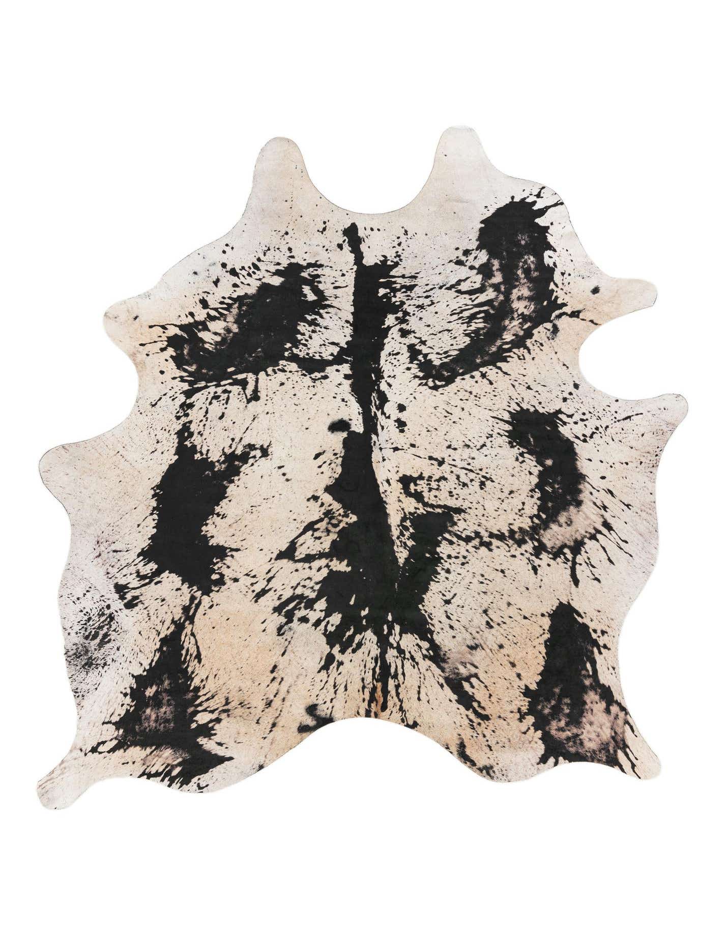 A 5x8 rectangular cowhide rug with a modern black splatter paint design over a natural brown and cream background.