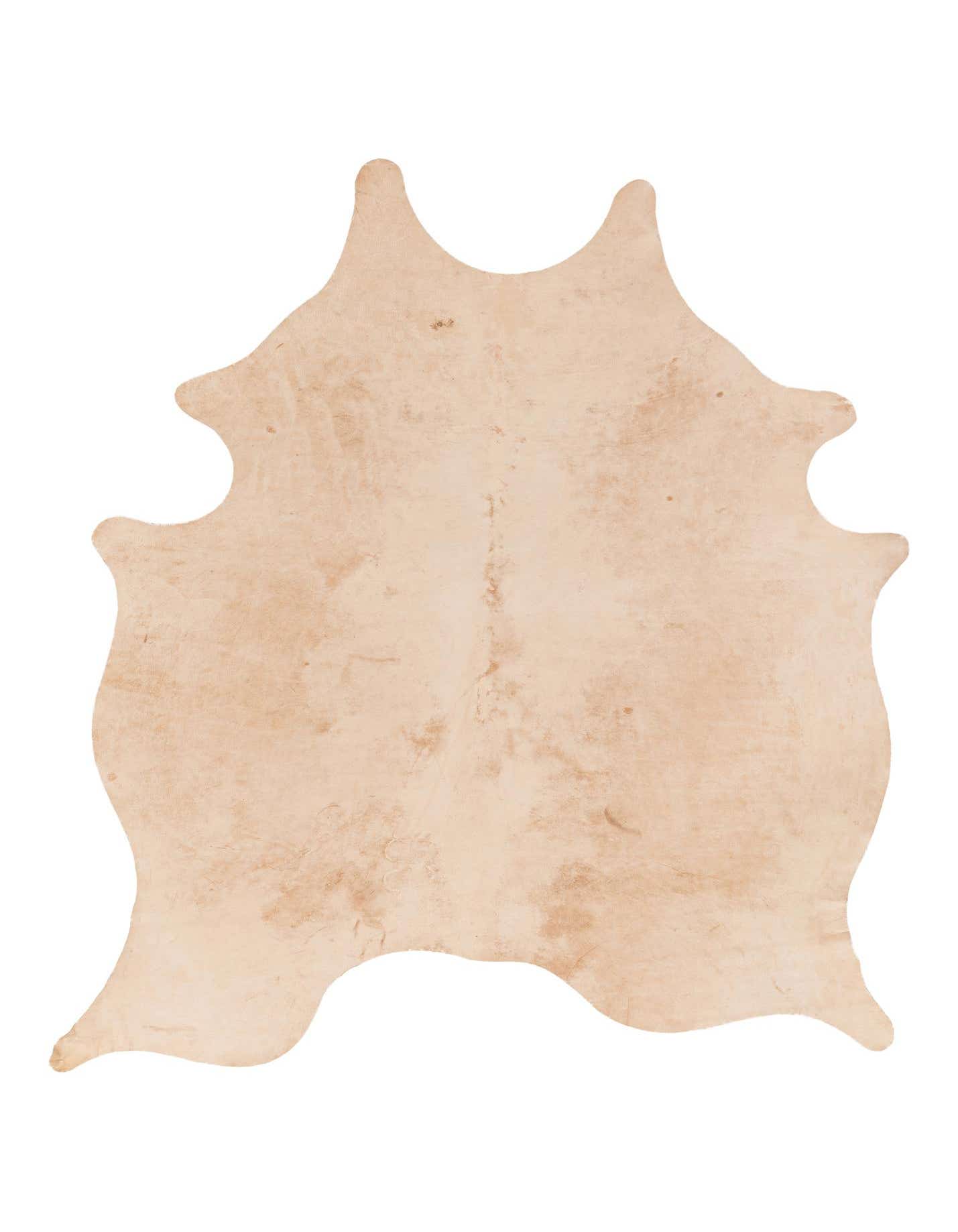 A 5x7 rectangular cowhide leather rug in varying shades of brown and tan, showcasing its natural, irregular shape.
