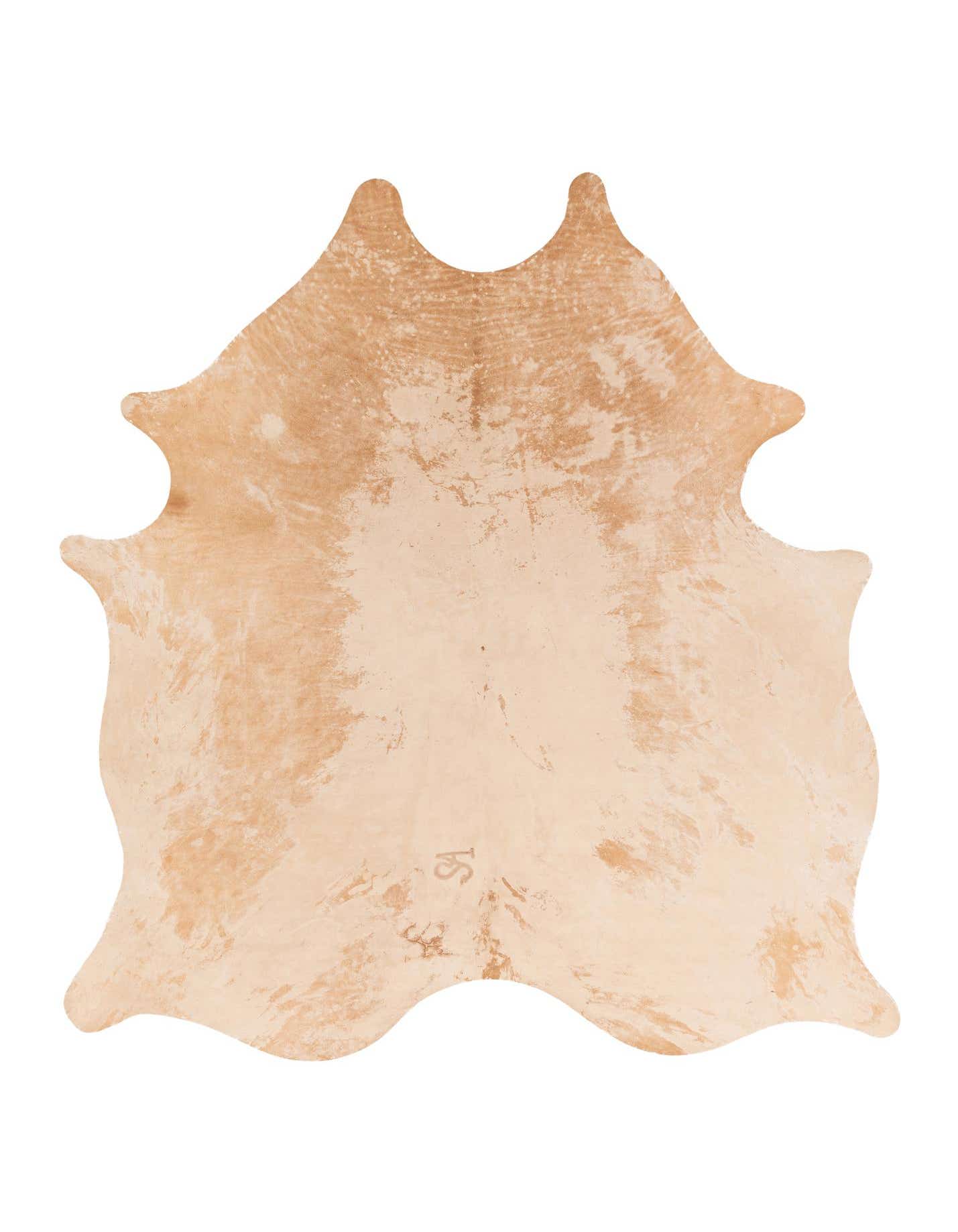 A 6x9 rectangular cowhide rug featuring natural brown and tan tones with ivory accents, showcasing its unique organic shape and flat pile.