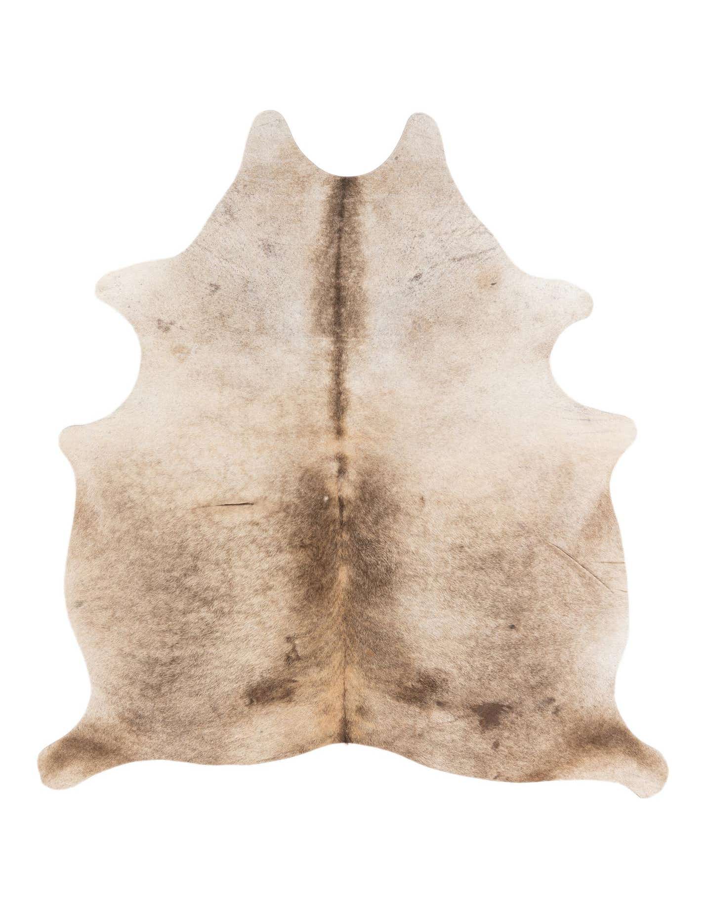 A 5x7 rectangular Cowhide Leather rug featuring natural browns, tans, and ivories, with a distinct dark stripe down the center.