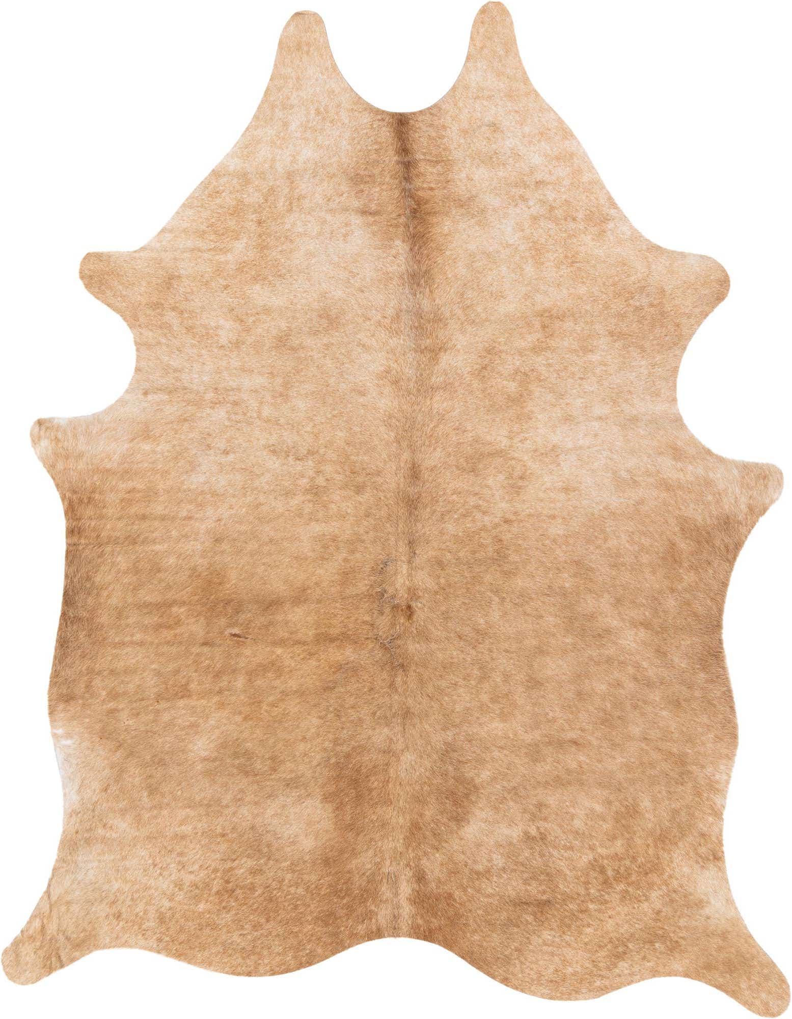 A 5x7 rectangular cowhide rug in varying shades of brown and tan, featuring a natural, irregular shape and flat pile.