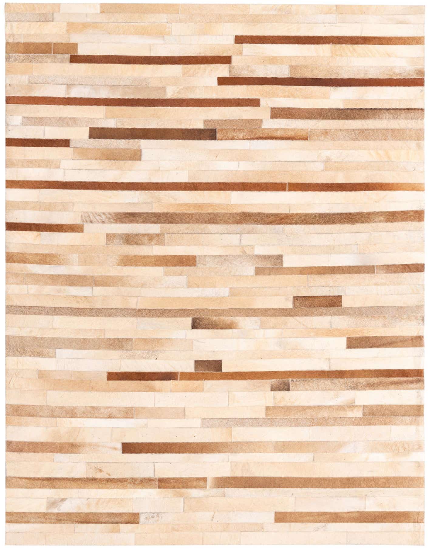 A 5x8 rectangular cowhide rug featuring a modern stripe pattern in varying shades of brown, tan, and cream.