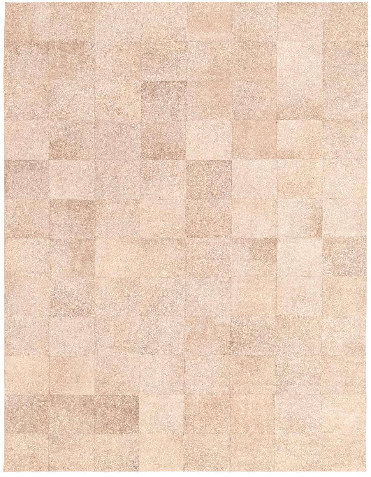 A 5x8 rectangular Cowhide rug featuring a modern patchwork design in varying shades of brown, tan, and cream.