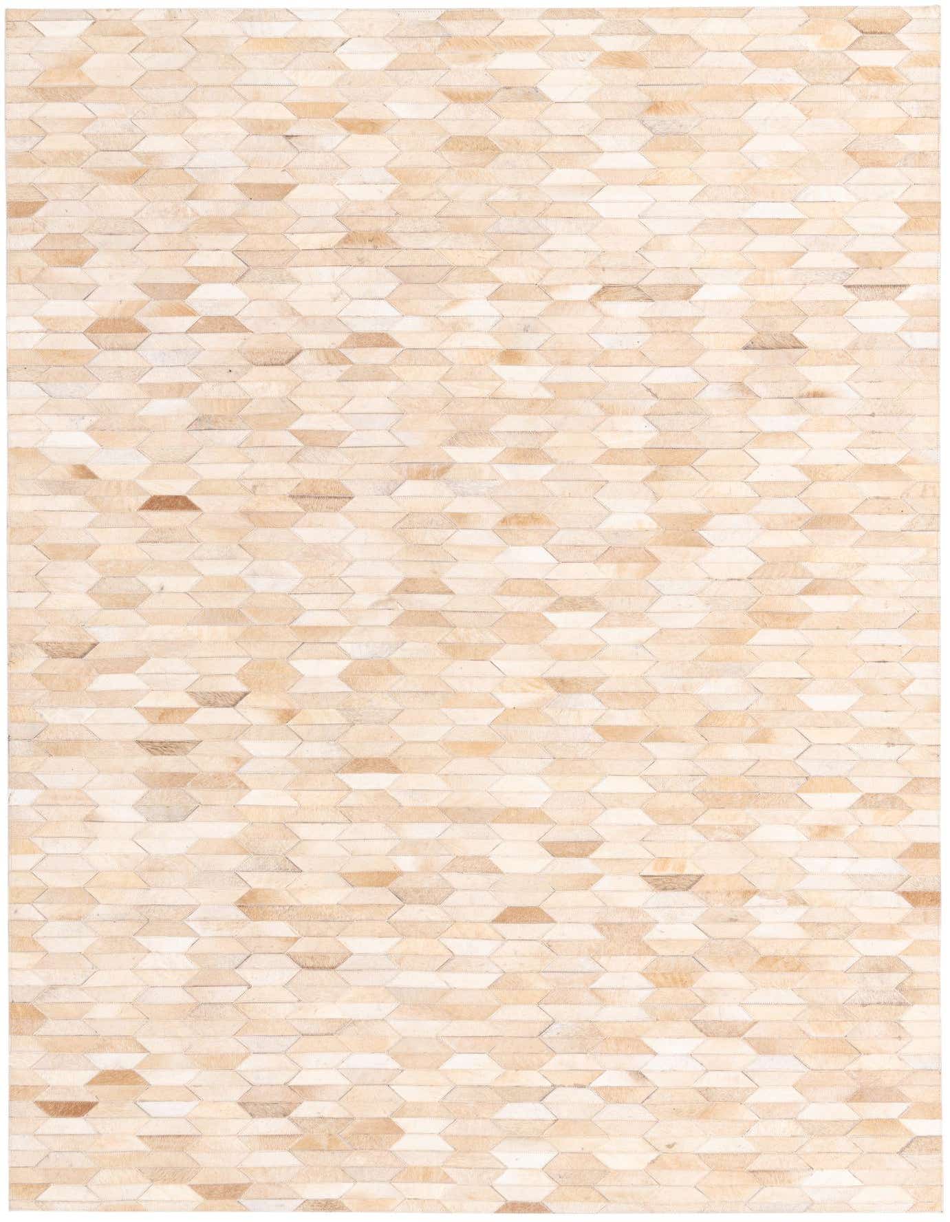 A rectangular 5x8 modern cowhide rug featuring a striped pattern of varying brown, tan, and cream geometric shapes.