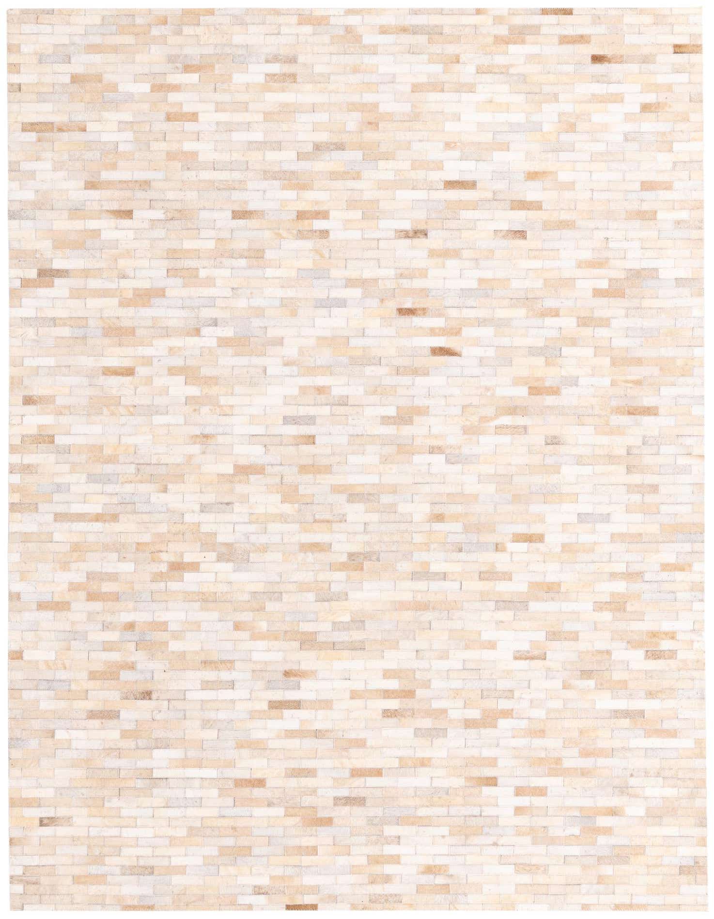 A 5x8 rectangular Cowhide rug featuring a modern stripe pattern in varying shades of brown, tan, and cream.