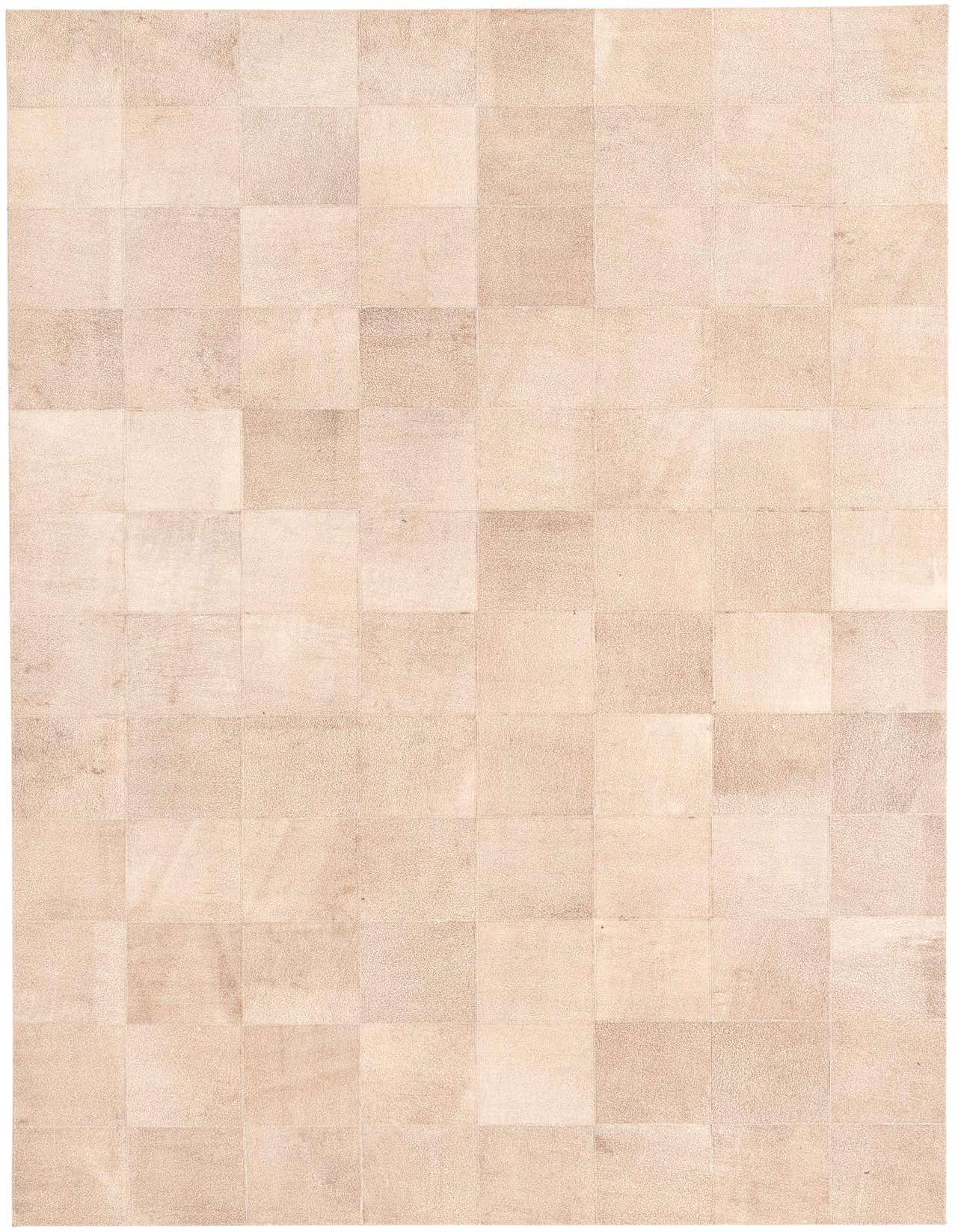 A 5x8 rectangular Cowhide rug in a modern patchwork design, featuring varying shades of brown, tan, and cream.