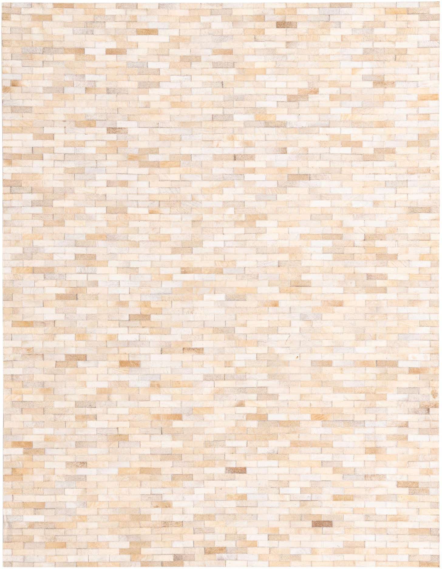 A 5x8 rectangular Cowhide rug featuring a modern stripe pattern in varying shades of brown, tan, and cream.