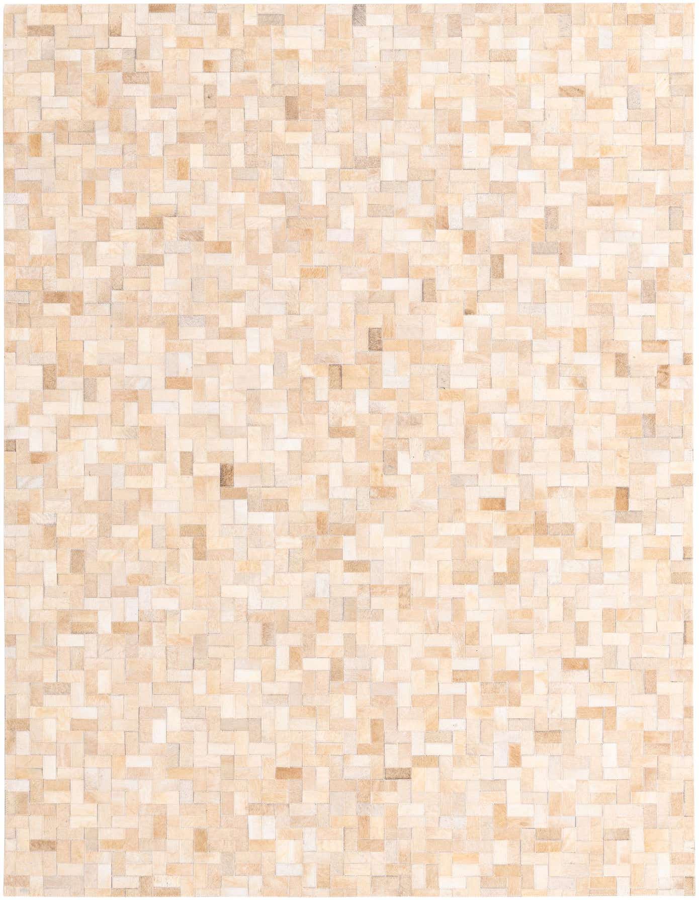 A 5x8 rectangular Cowhide rug featuring a modern stripe pattern in varying shades of brown, tan, and cream.