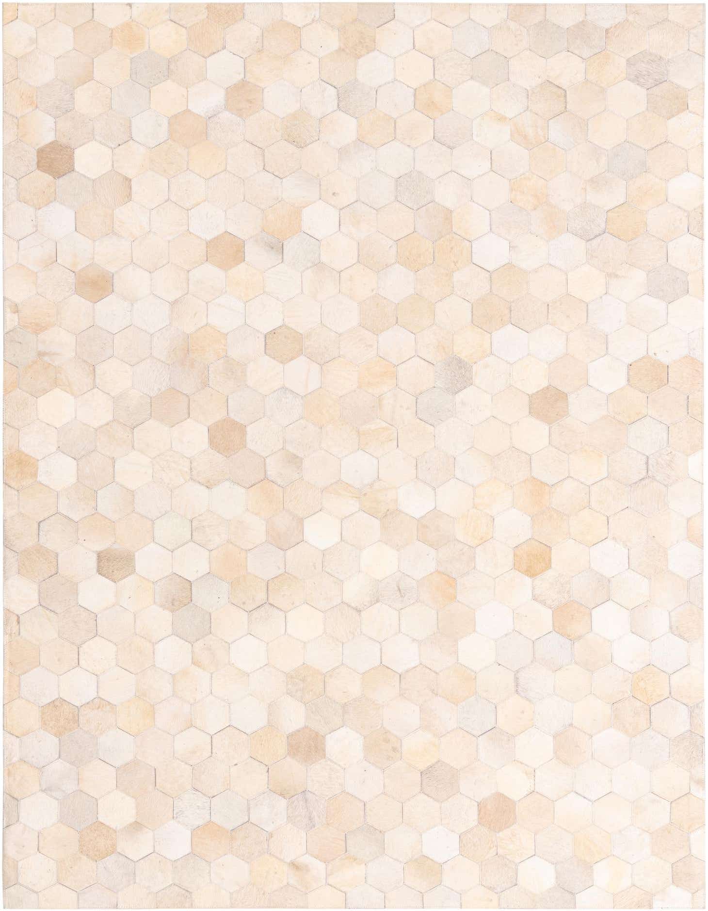 A 5x8 rectangular Cowhide rug featuring a modern honeycomb pattern in varying shades of brown, tan, and ivory.