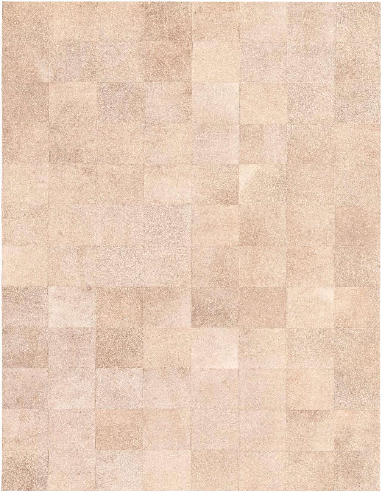 A 5x8 rectangular Cowhide rug in varying shades of brown and tan, featuring a modern patchwork design.