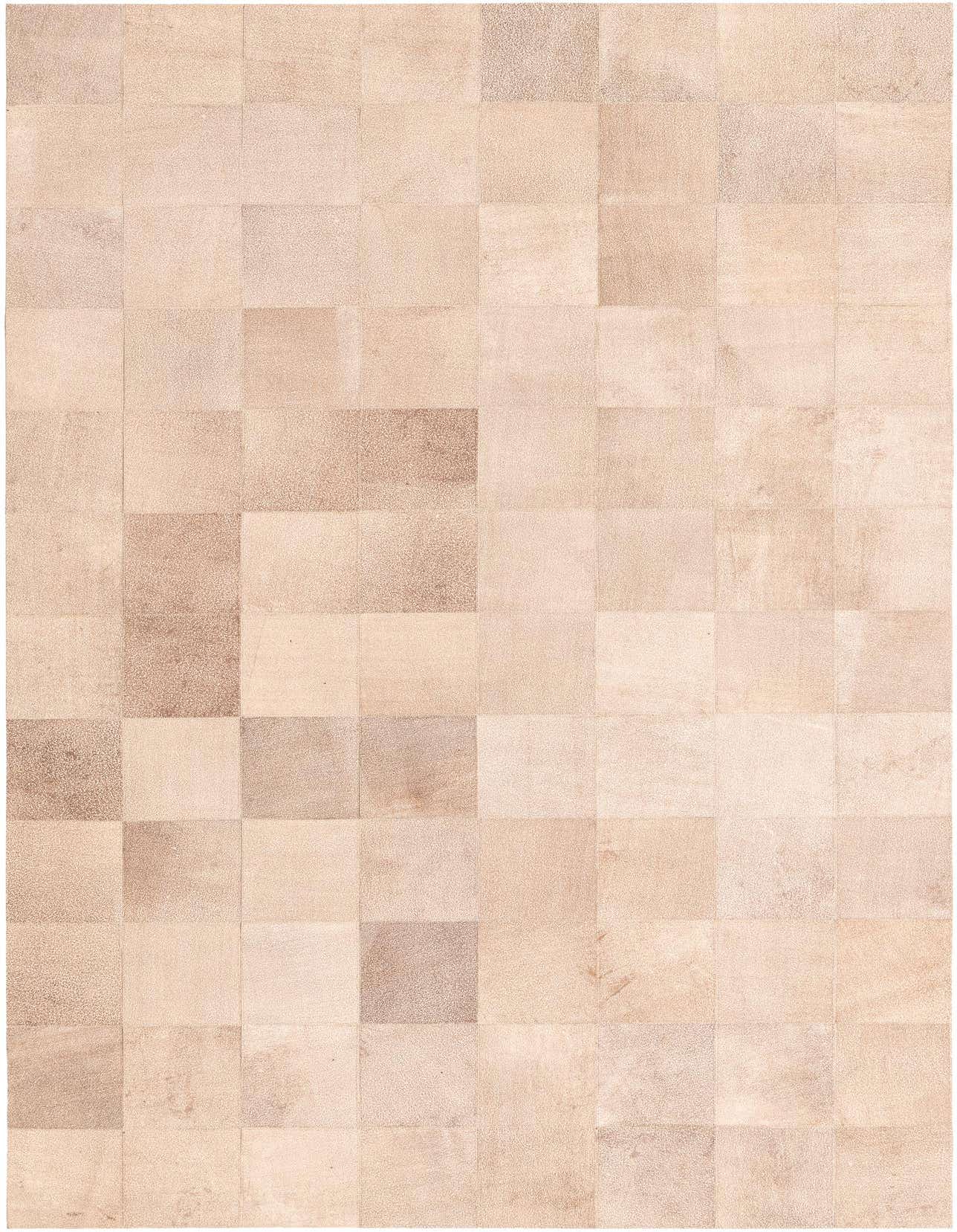 A 5x8 rectangular Cowhide rug featuring a modern patchwork design in varying shades of brown, tan, and ivory.