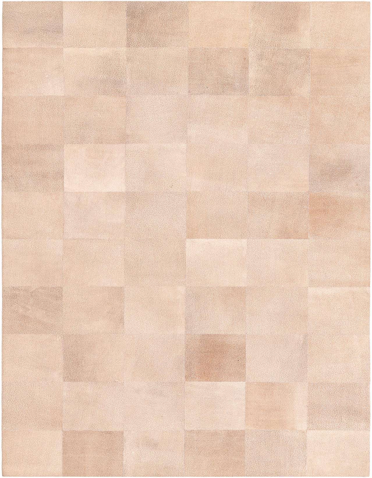 A 5x8 rectangular Cowhide rug featuring a geometric patchwork of varying brown and tan shades, ideal for a living room.