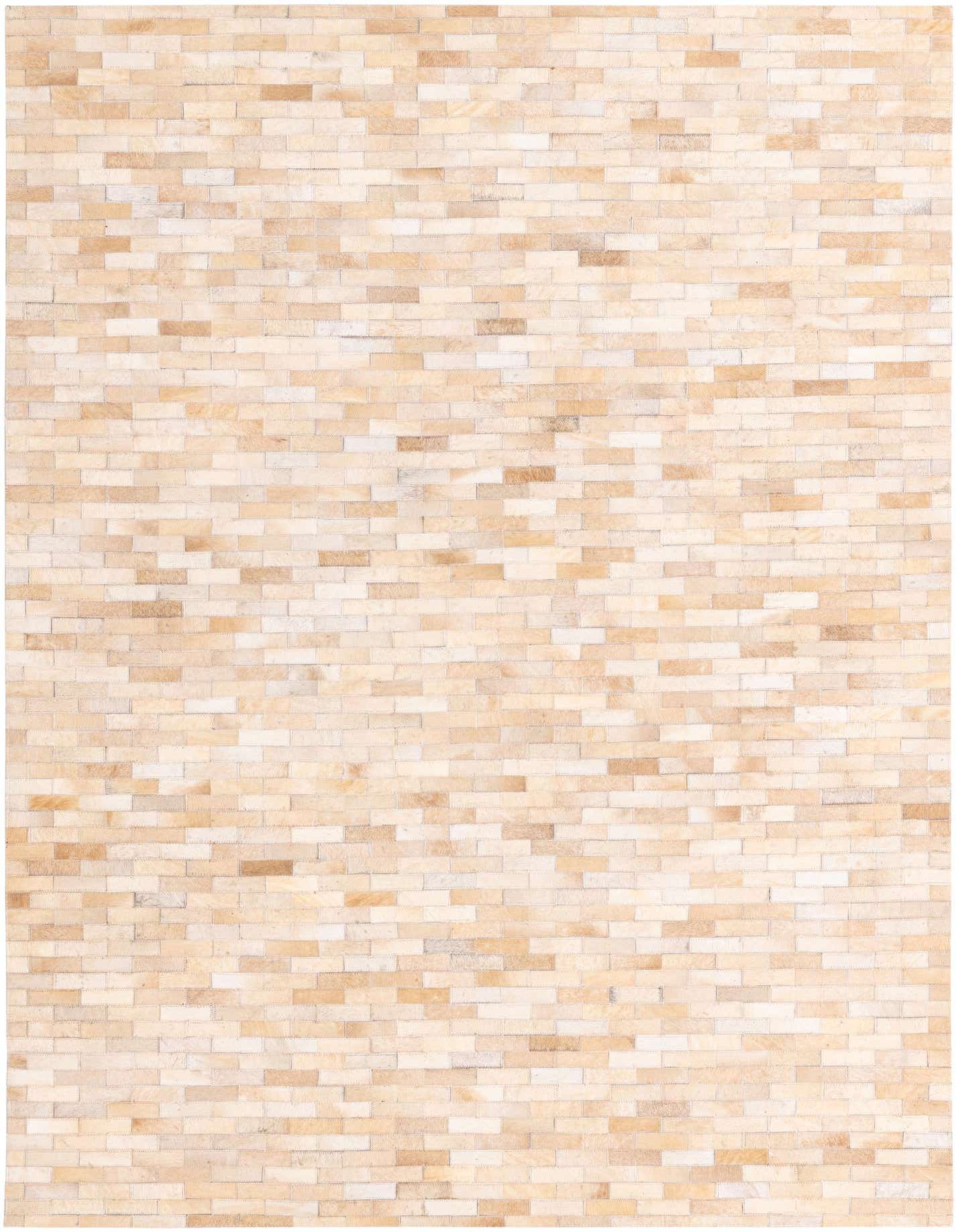 5x8 rectangular Cowhide rug with a modern stripe pattern in varying shades of brown, tan, and cream.