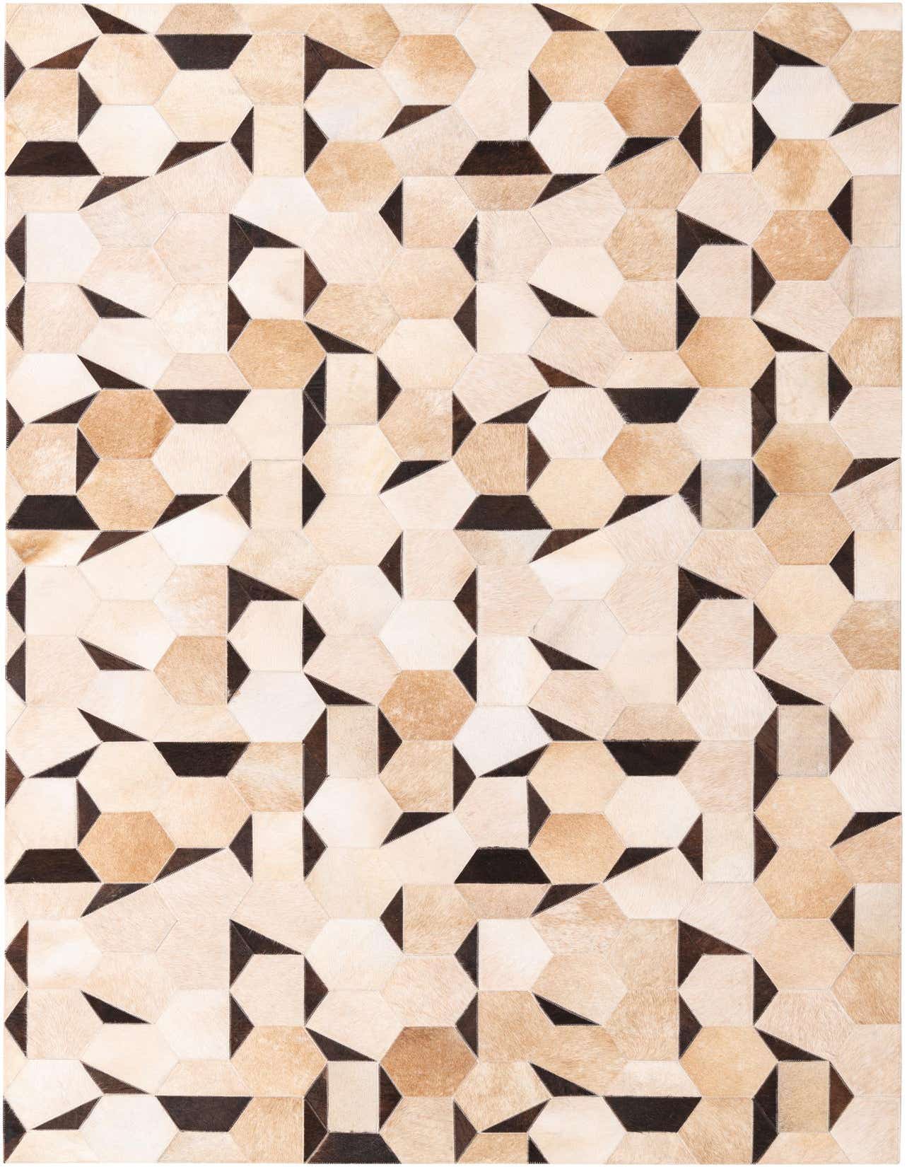 A 5x8 rectangular Cowhide rug with a modern geometric pattern of tan, cream, and brown hexagons and triangles.