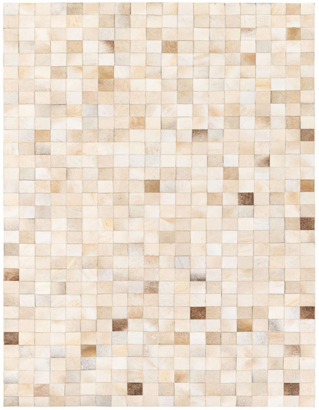 A 5x8 rectangular Cowhide Stocks rug by Rugs.com, featuring a modern patchwork of brown, tan, and ivory cowhide squares.