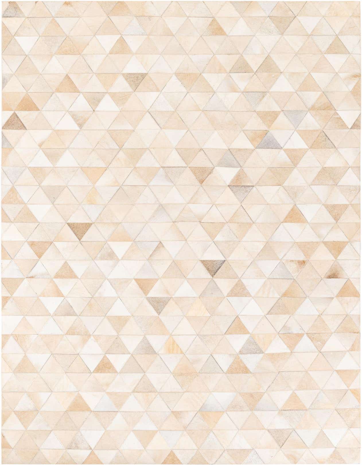 A 5x8 rectangular Cowhide Stocks rug featuring a geometric patchwork of brown, tan, and ivory cowhide triangles.