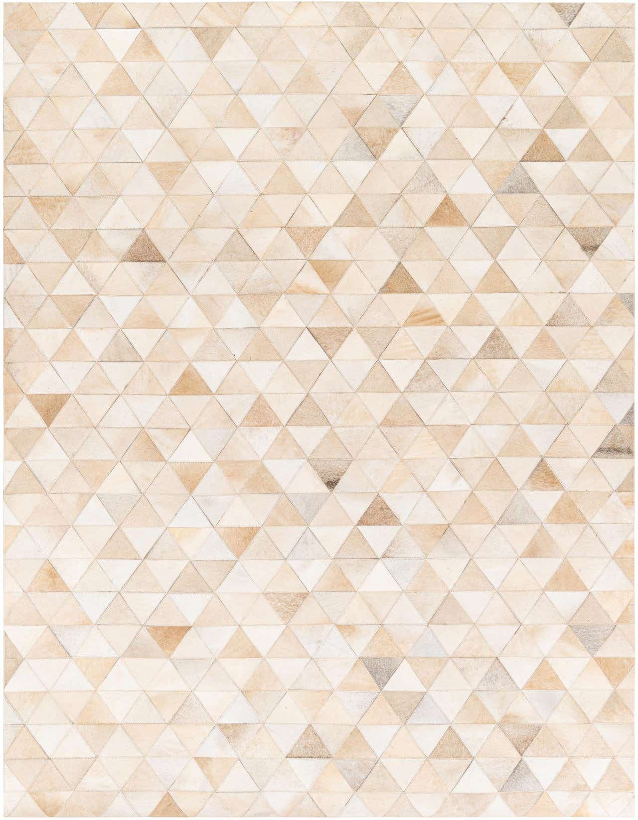 A 5x8 rectangular Cowhide Stocks rug featuring a modern geometric pattern of stitched brown, tan, and ivory triangular patches.