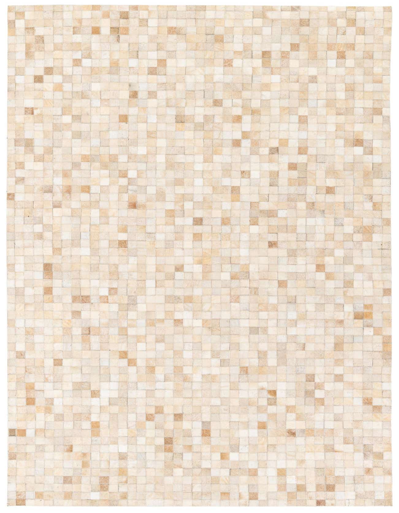 A 5x8 rectangular Cowhide Stocks rug by Rugs.com, featuring a modern patchwork of brown, tan, and ivory cowhide squares.