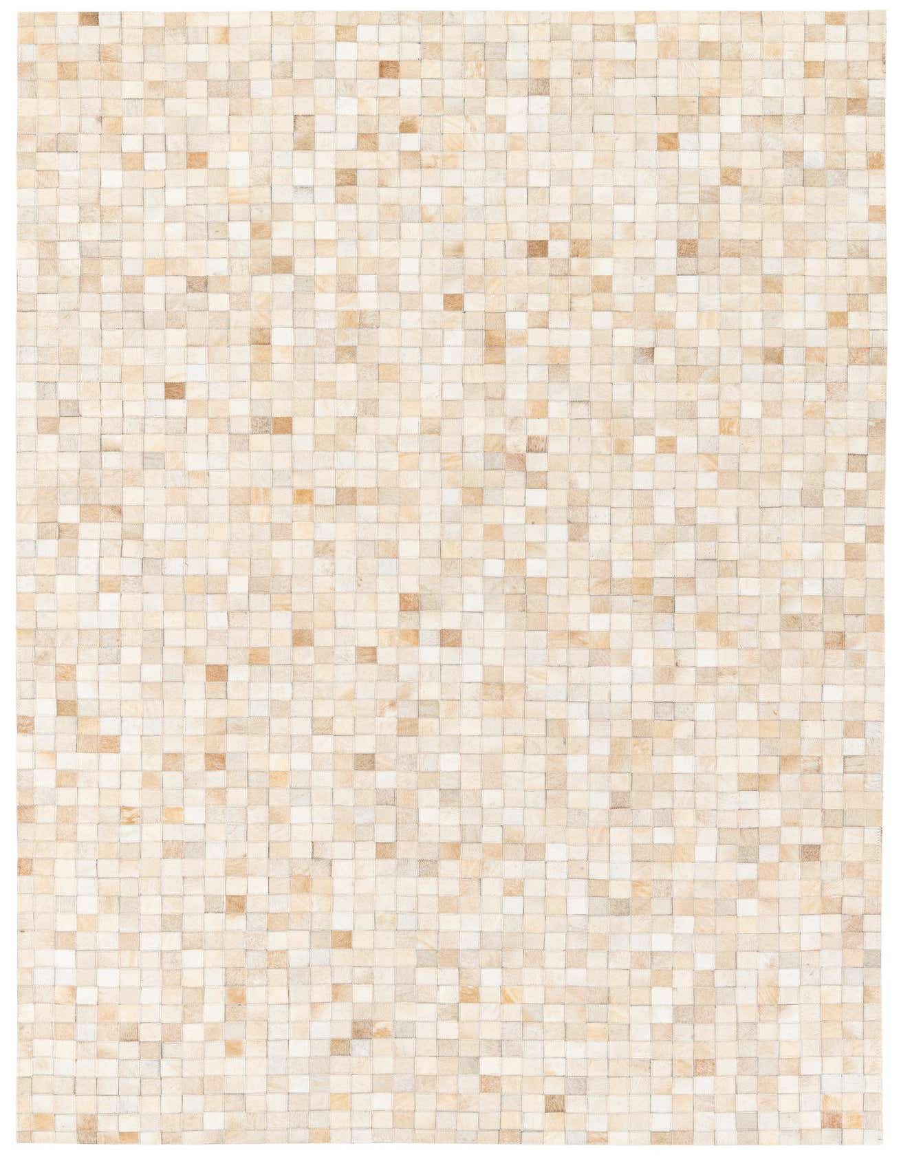 A 5x8 rectangular Cowhide Stocks rug featuring a modern patchwork of brown, tan, and ivory squares.