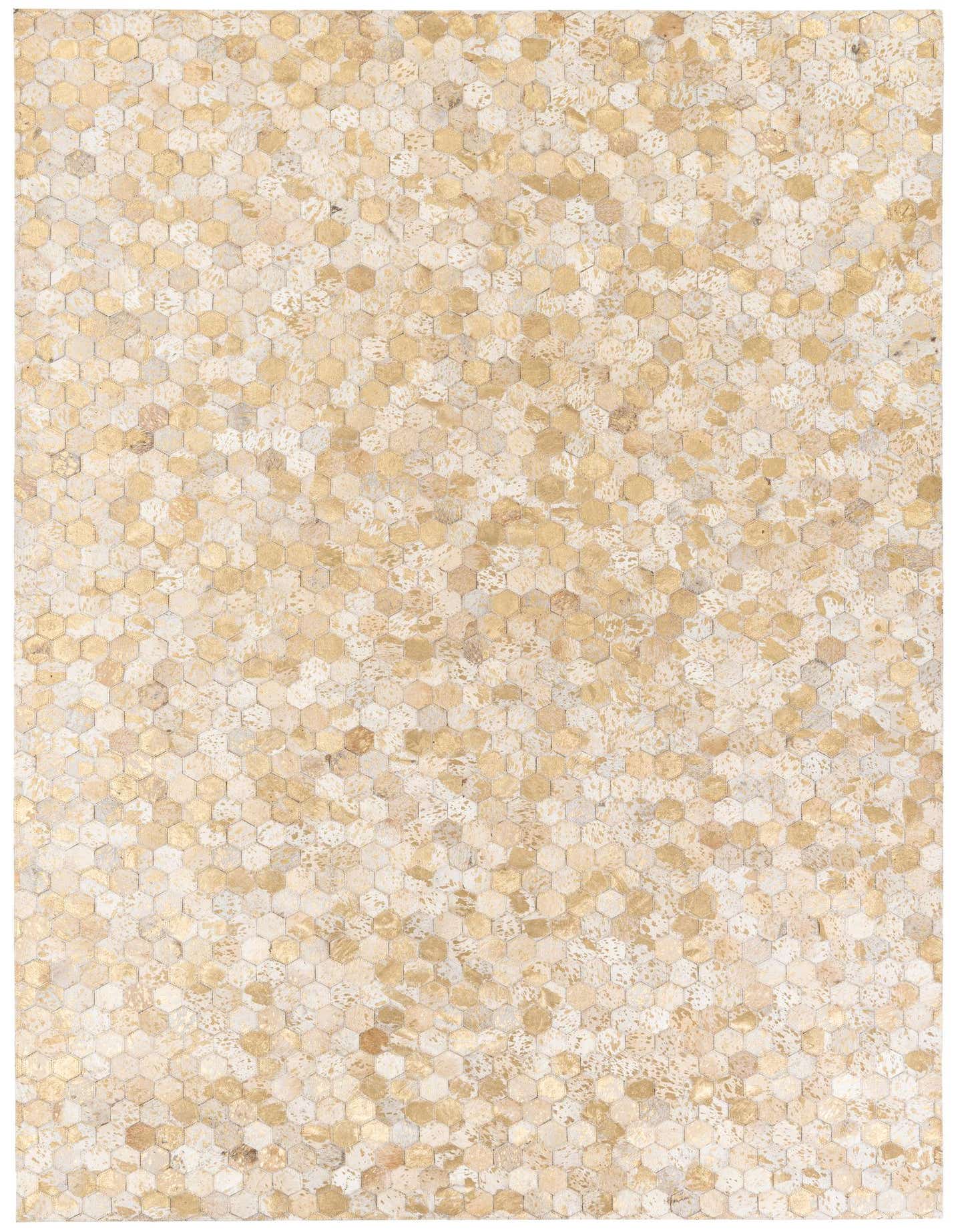 A rectangular 5x7 modern cowhide rug featuring a mosaic of small hexagonal patches in varying shades of brown, tan, and ivory.