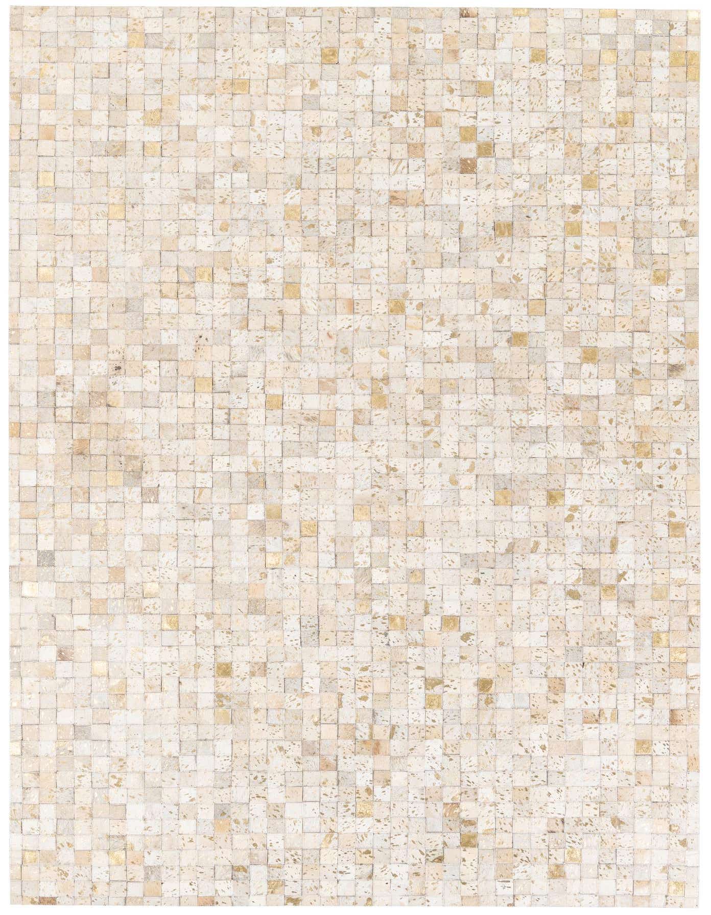 A rectangular 5x8 modern Cowhide Stocks rug from Rugs.com, featuring a mosaic of brown, tan, and ivory cowhide squares, perfect for a living room.