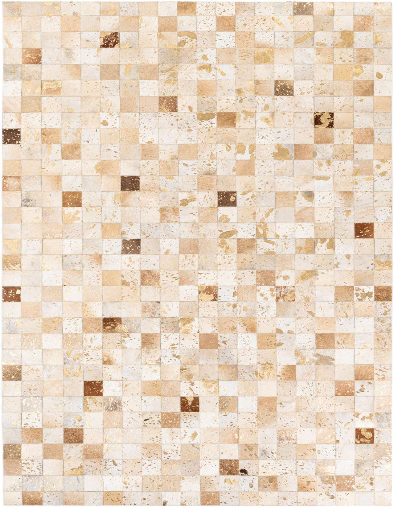 A 5x8 rectangular Cowhide Stocks rug featuring a modern patchwork of brown, tan, and ivory squares with gold metallic accents.