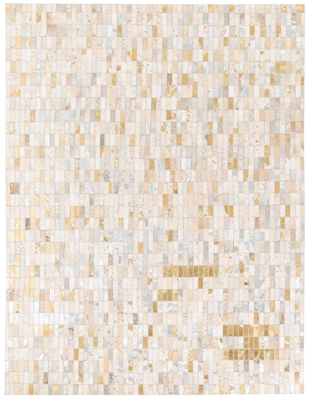 A 5x8 rectangular Cowhide Stocks rug featuring a modern stripe pattern in varying shades of brown, tan, cream, and ivory, with some metallic gold accents.
