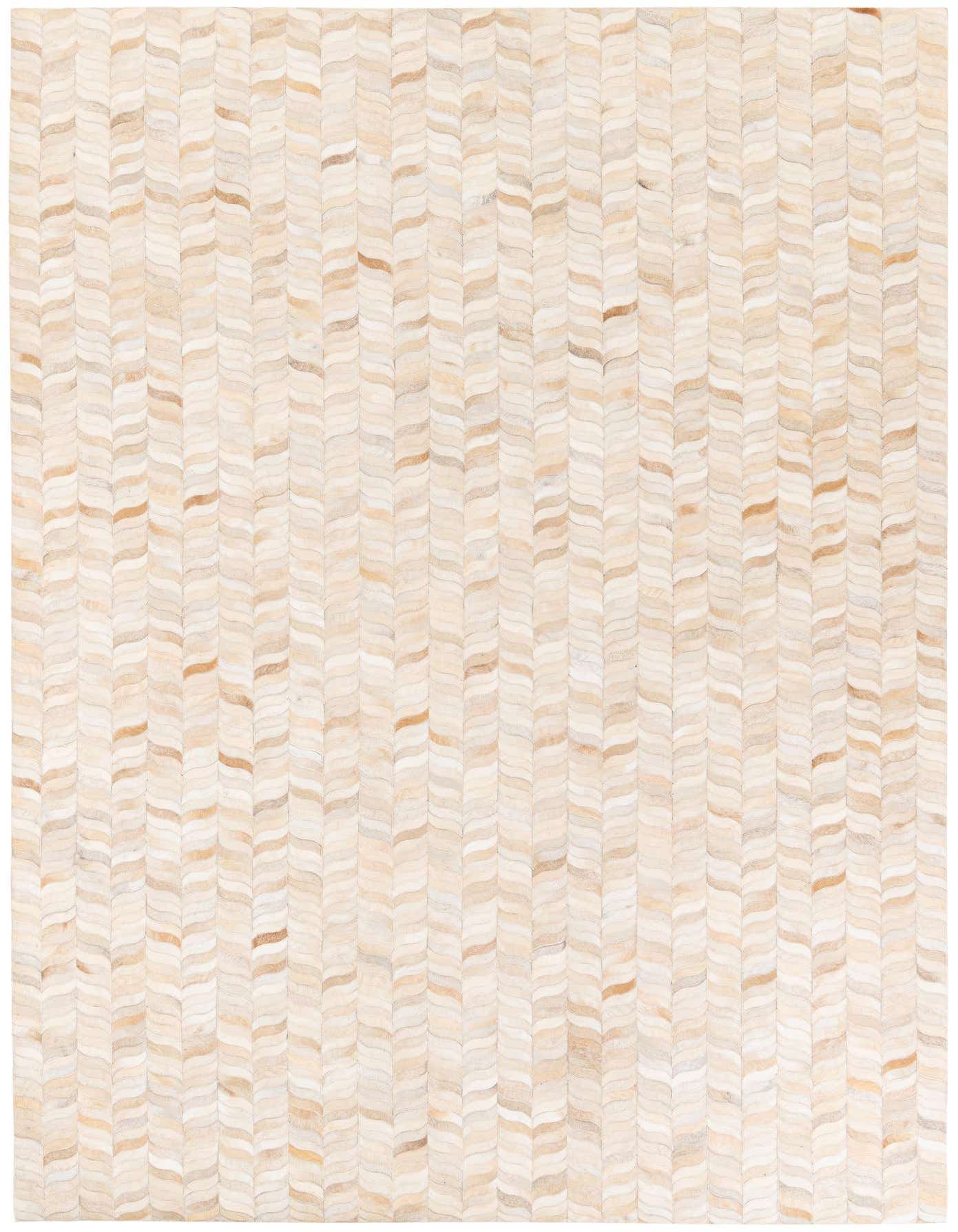 A 7x10 rectangular Cowhide Stocks rug featuring a modern chevron pattern in varying shades of brown, tan, and cream.