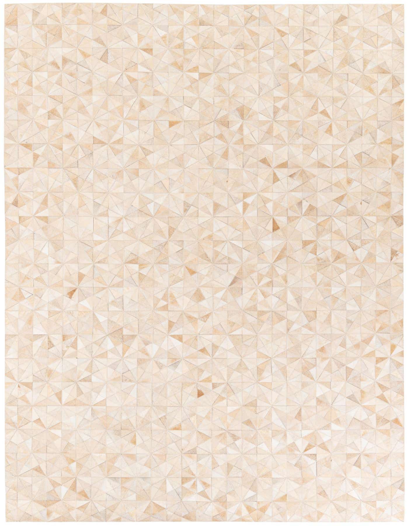 A 7x10 rectangular Cowhide Stocks rug from Rugs.com, featuring a modern geometric pattern in various shades of brown, tan, and cream, suitable for a living room.
