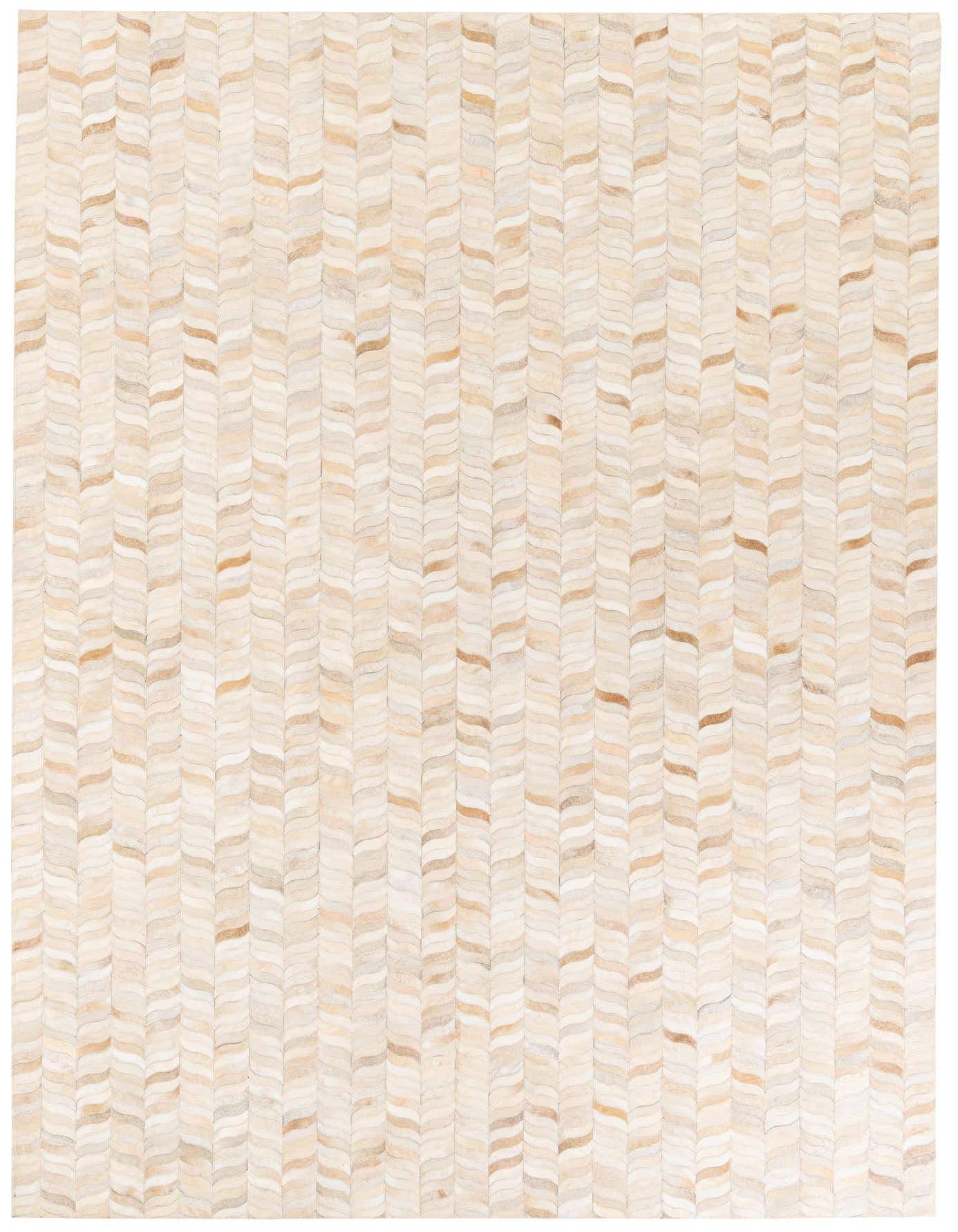 7x10 rectangular Cowhide Stocks rug featuring a modern chevron pattern in varying shades of brown, tan, and cream.