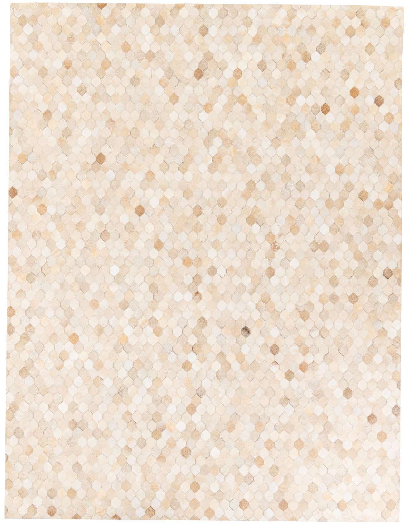 A 7x10 rectangular Cowhide Stocks rug featuring a mosaic of varying brown, tan, and cream-colored cowhide pieces.