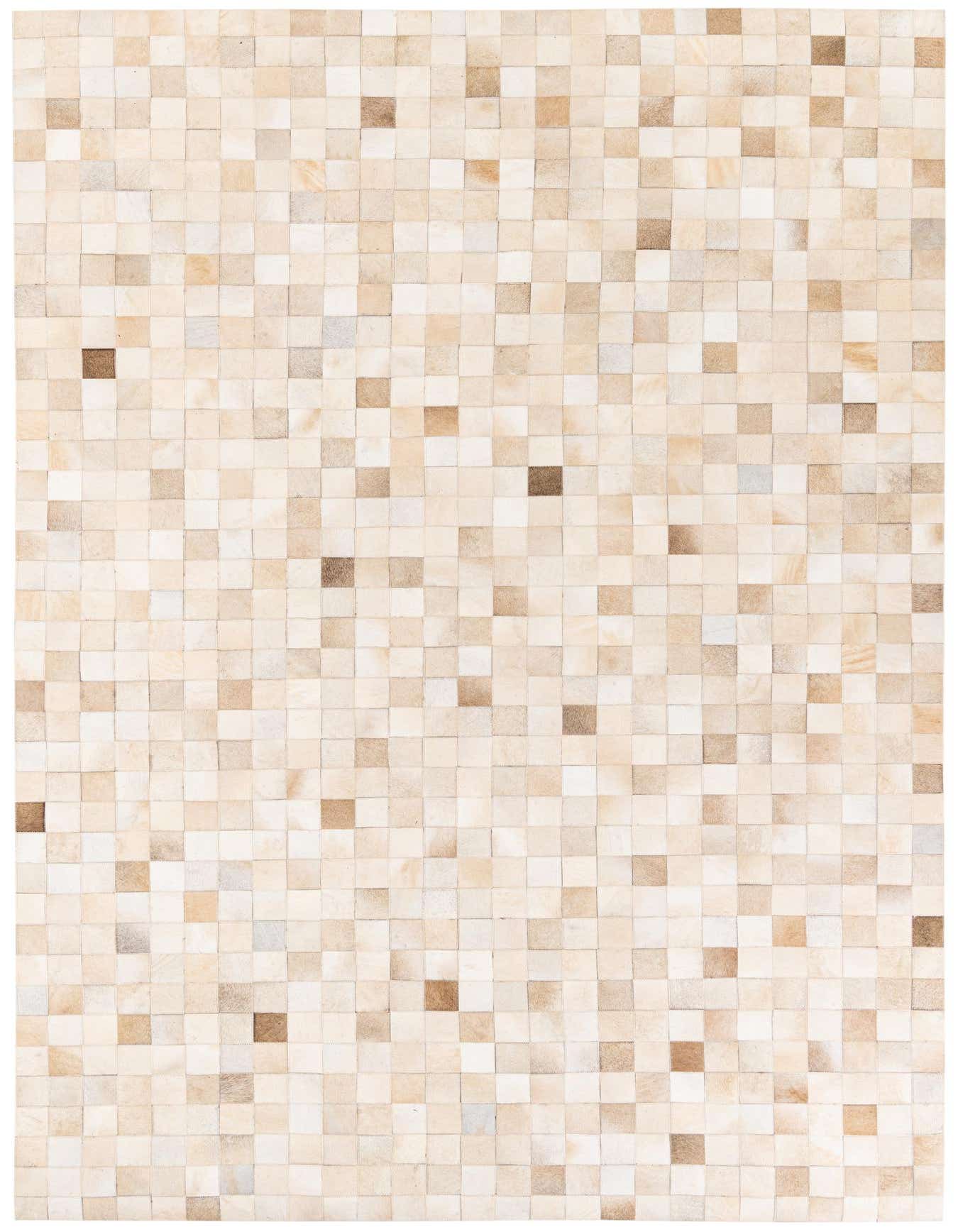 A 7x10 rectangular Cowhide Stocks rug featuring a modern mosaic pattern of brown, tan, and ivory square patches.