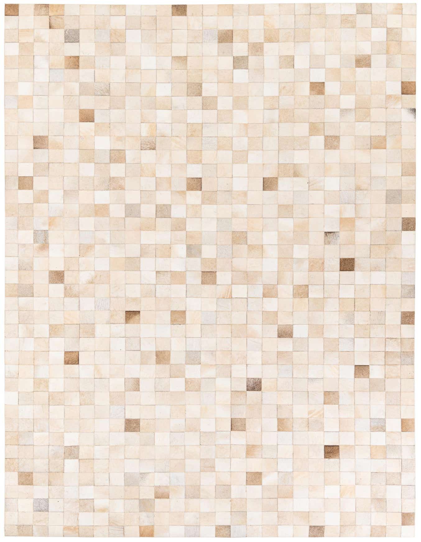 A 7x10 rectangular Cowhide Stocks rug in a modern patchwork pattern of varied brown, tan, and ivory squares.