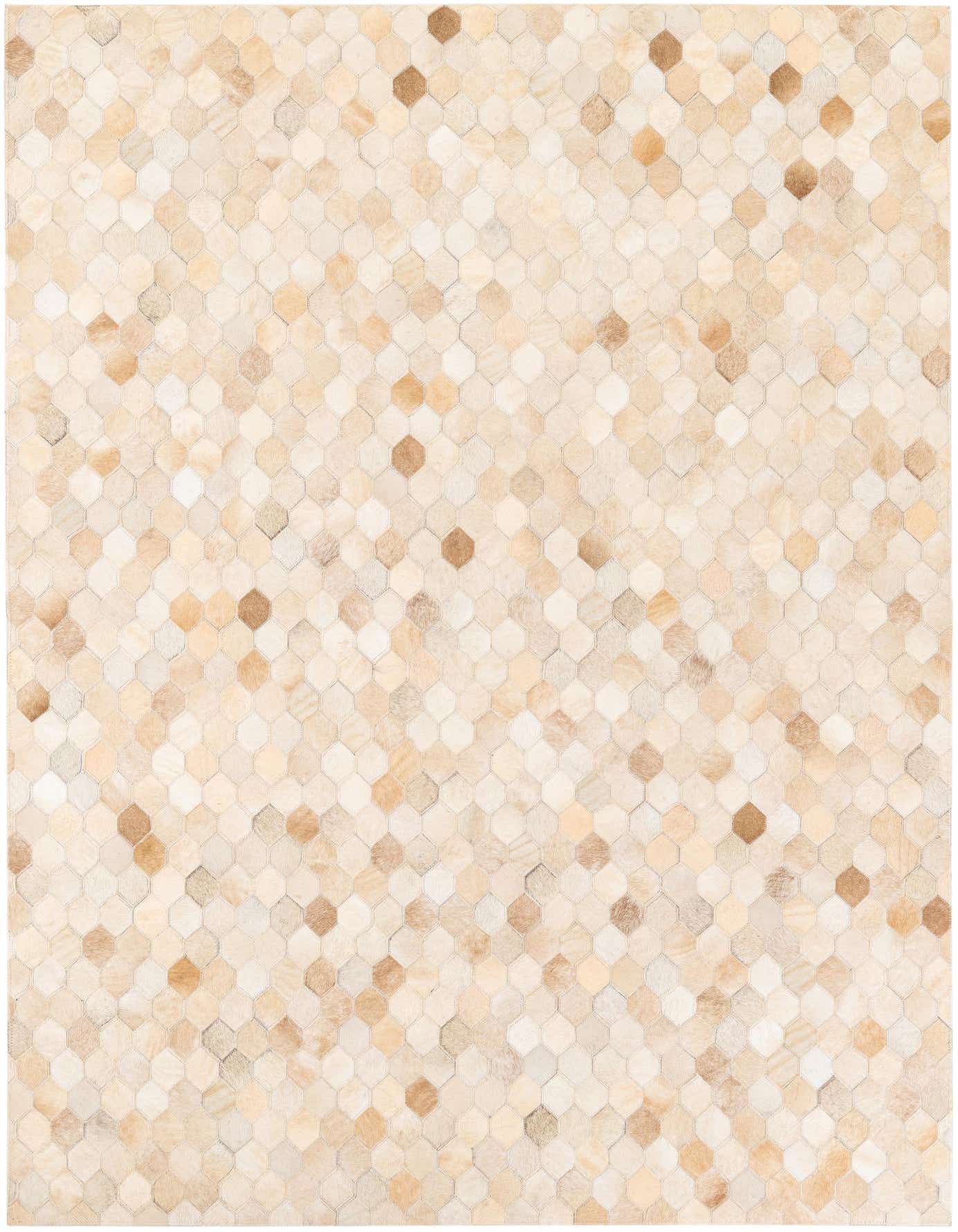 A rectangular 5x7 Cowhide Stocks rug featuring a geometric patchwork of brown, tan, and ivory cowhide pieces.